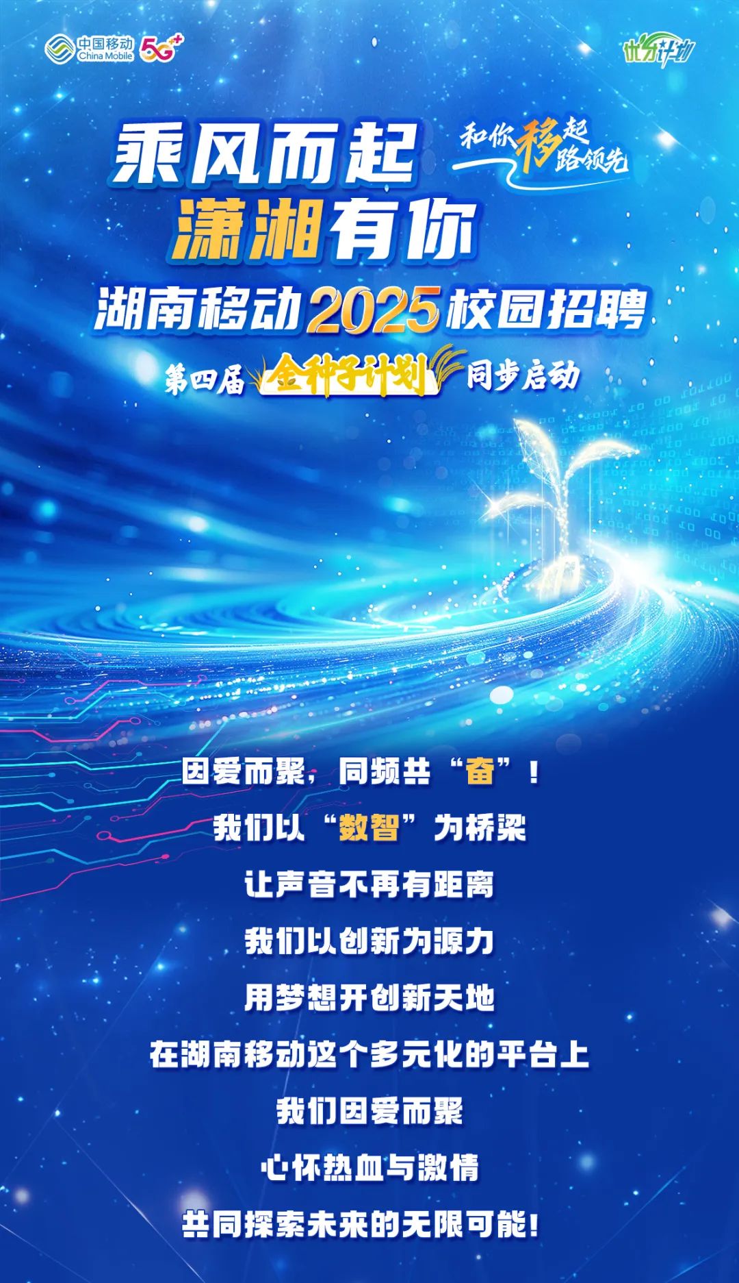 <p>中国移动be</p>
<p>ChinaMobile</p>
<p>我们以</p>
<p>让声音不再有距离</p>
<p>我们以创新为源力</p>
<p>我们因爱而聚</p>
<p>心怀热血与激情</p>

<table>
<tr><td></td>
<td>乘</td>
<td colspan="2">风而起 I</td>
</tr>
<tr><td colspan="3">潇湘有</td>
<td>T</td>
</tr>
<tr><td colspan="4">湖南移动2025校园招聘:第四届 合什子件划同步启动</td>
</tr>
<tr><td></td>
<td colspan="3">因爱而聚,同频共“奋”!</td>
</tr>
</table>
