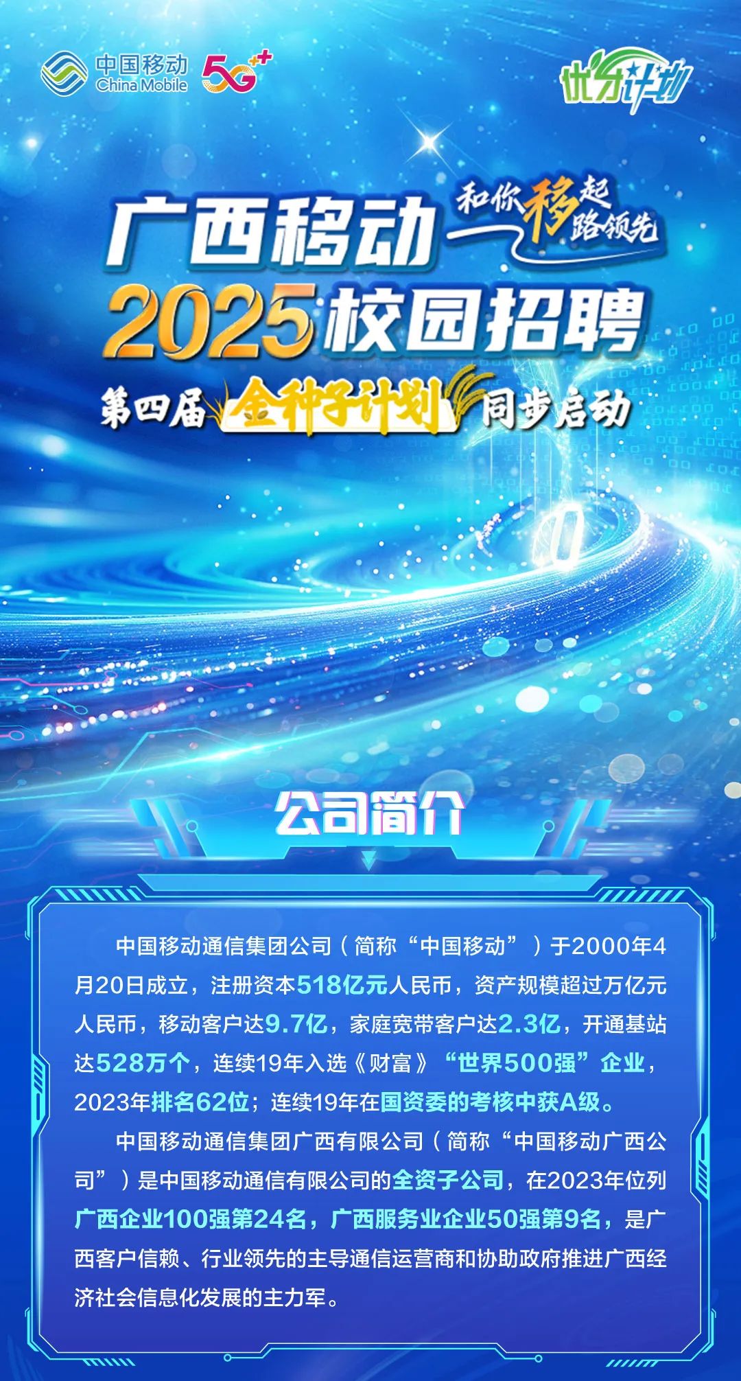 <p>中国移动) China Mobile50出开动</p>
<p>和你</p>
<p>广西移动兰德路领先</p>
<p>2025校园招聘.o☐</p>
<p>第四届金科子计划同步启动</p>
<p>0</p>
<p>公司简介</p>
<p>Www.mmi</p>
<p>中国移动通信集团公司(简称“中国移动”)于2000年4</p>
<p>月20日成立,注册资本518亿元人民币,资产规模超过万亿元</p>
<p>人民币,移动客户达9.7亿,家庭宽带客户达2.3亿,开通基站</p>
<p>达528万个,连续19年入选《财富》“世界500强”企业,</p>
<p>2023年排名62位;连续19年在国资委的考核中获A级。</p>
<p>中国移动通信集团广西有限公司(简称“中国移动广西公</p>
<p>司”) 是中国移动通信有限公司的全资子公司,在2023年位列</p>
<p>广西企业100强第24名,广西服务业企业50强第9名,是广</p>
<p>西客户信赖、行业领先的主导通信运营商和协助政府推进广西经</p>
<p>济社会信息化发展的主力军。</p>
<p>WMIIT</p>
