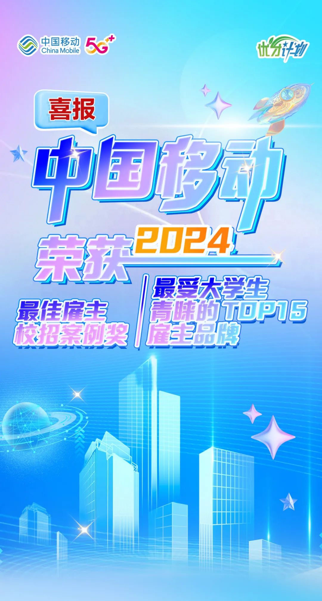 <p>中国移动China Mobile5</p>
<p>青味的T0P15</p>
<p>校招菜例奖催主品牌</p>
<p>x</p>

<table>
<tr><td></td>
<td colspan="2">喜报</td>
<td></td>
</tr>
<tr><td></td>
<td></td>
<td></td>
<td>中国移动</td>
</tr>
<tr><td></td>
<td></td>
<td>菜放</td>
<td>20241</td>
</tr>
<tr><td></td>
<td></td>
<td rowspan="2">木</td>
<td></td>
</tr>
<tr><td></td>
<td>最佳雇</td>
<td>最受太学生II</td>
</tr>
<tr><td colspan="2"></td>
<td></td>
<td>1</td>
</tr>
</table>
