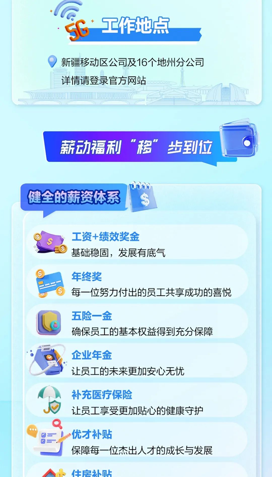 
<table>
<tr><td colspan="2">:C .工作地点\'新疆移动区公司及16个地州分公司详情请登录官方网站</td>
</tr>
<tr><td>00000</td>
<td></td>
</tr>
<tr><td colspan="2">薪动福利 "移”步到位 P0o.健全的薪资体系 $s, 工资+绩效奖金S基础稳固, 发展有底气年终奖  每一位努力付出的员工共享成功的喜悦L 五险一金Le 确保员工的基本权益得到充分保障企业年金让员工的未来更加安心无忧D 补充医疗保险让员工享受更加贴心的健康守护优才补贴保障每一位杰出人才的成长与发展i住房补贴</td>
</tr>
</table>
