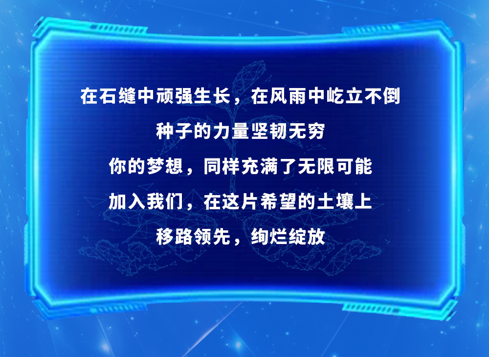 <p>在石缝中顽强生长，在风雨中屹立不倒</p>
<p>种子的力量坚韧无穷</p>
<p>你的梦想，同样充满了无限可能<br/>加入我们，在这片希望的土壤上<br/>移路领先，绚烂绽放</p>
