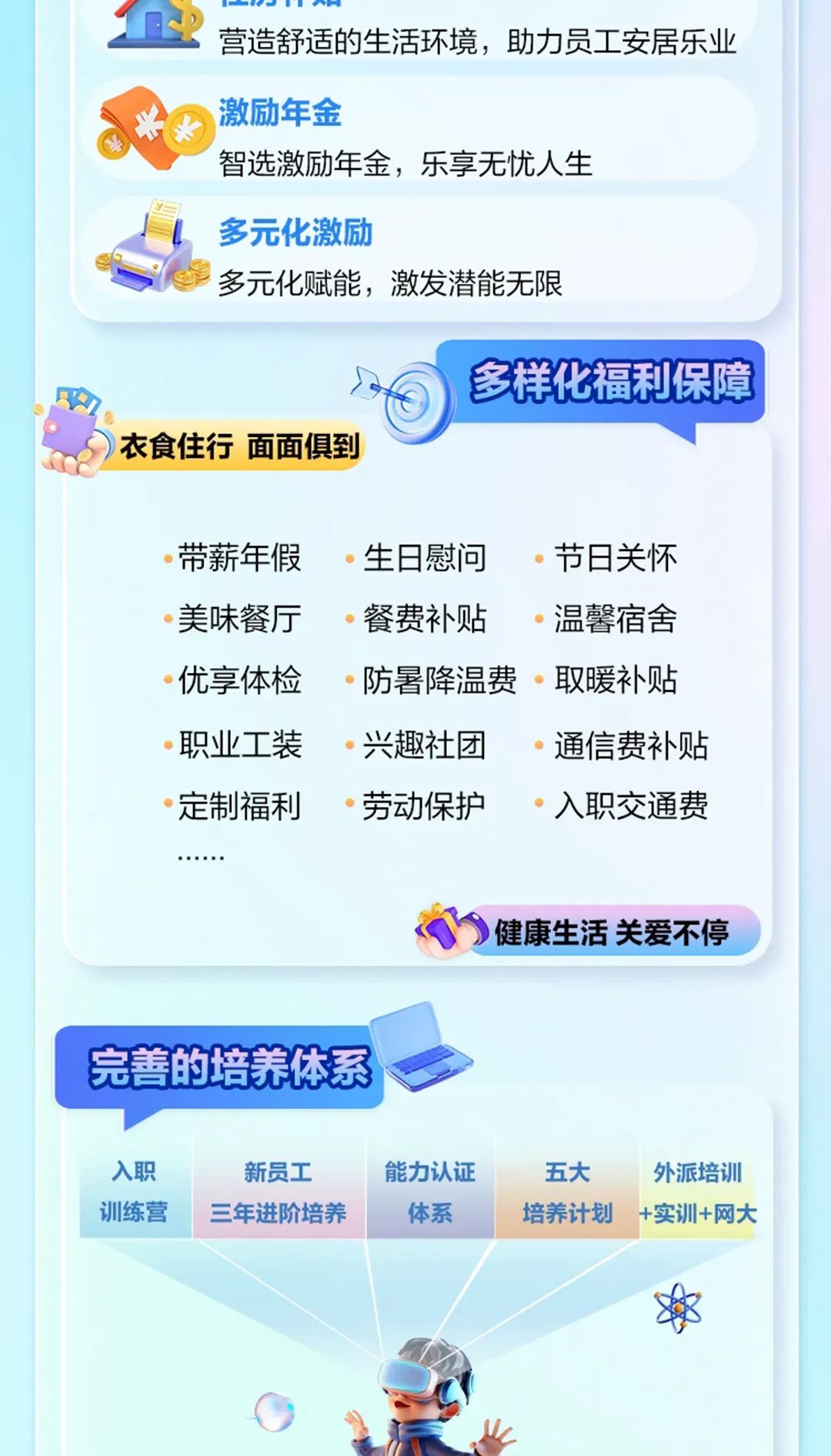 <p>1营造舒适的生活环境,助力员工安居乐业</p>
<p>米②激励年金</p>
<p>智选激励年金,乐享无忧人生</p>
<p>多元化激励</p>
<p>多元化赋能, 激发潜能无限</p>
<p>多样化福利保障</p>
<p>)衣食住行面面俱到</p>
<p>带薪年假生日慰问节日关怀</p>
<p>美味餐厅餐费补贴温馨宿舍</p>
<p>优享体检防暑降温费。取暖补贴</p>
<p>职业工装兴趣社团通信费补贴</p>
<p>定制福利劳动保护入职交通费</p>
<p>)健康生活关爱不停</p>
<p>完善的培养体系一</p>
<p>入职新员工能力认证五大外派培训</p>
<p>训练营三年进阶培养体系培养计划+实训+网大</p>
<p>软</p>
<p>H</p>
