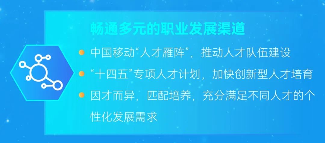 <p>畅通多元的职业发展渠道</p>
<p>中国移动&ldquo;人才雁阵&rdquo;，推动人才队伍建设</p>
<p>&ldquo;十四五&rdquo;专项人才计划，加快创新型人才培育<br/>因才而异，匹配培养，充分满足不同人才的个<br/>性化发展需求</p>
