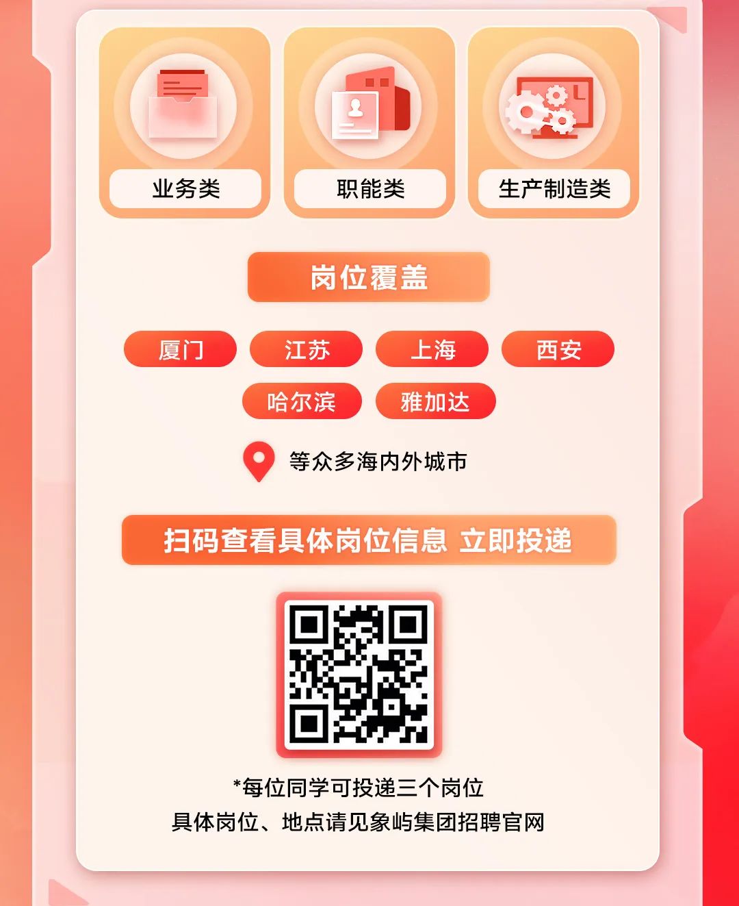 <p>s</p>
<p>业务类职能类品生产制造类</p>
<p>岗位覆盖</p>
<p>厦门江苏上海西安</p>
<p>哈尔滨雅加达</p>
<p>等众多海内外城市</p>
<p>扫码查看具体岗位信息立即投递</p>
<p>*每位同学可投递三个岗位</p>
<p>具体岗位、地点请见象屿集团招聘官网</p>
