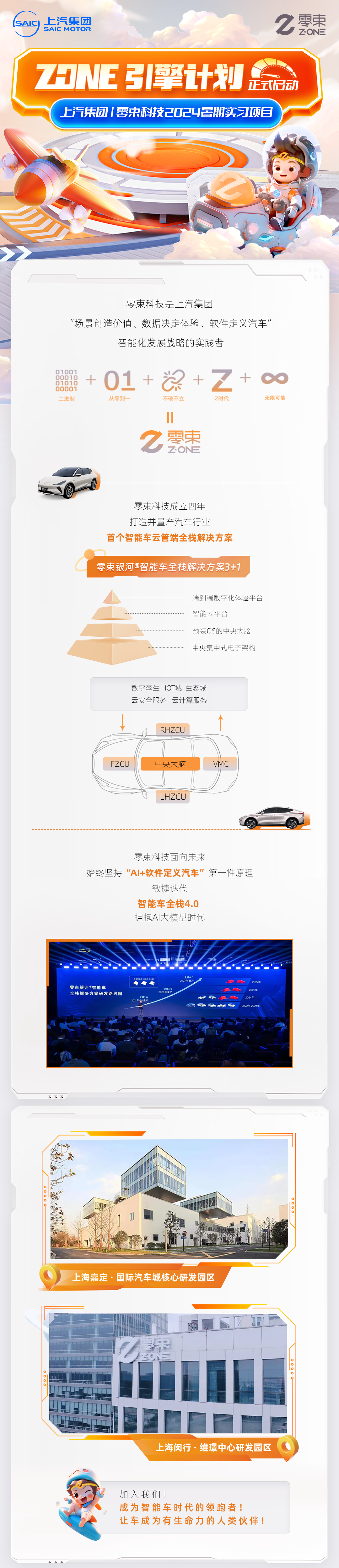<p>SAIC</p>
<p>上汽集团<br/>SAIC MOTOR</p>
<p>零束</p>
<p>ZONE</p>
<p>HNE引引擎计划<br/>正式启动</p>
<p>上汽集团1零束科技2D24暑期实习项目</p>
<p>零束科技是上汽集团</p>
<p>“场景创造价值、数据决定体验、软件定义汽车’</p>
<p>智能化发展战略的实践者</p>
<p>01001<br/>00010<br/>01010<br/>00001</p>
<p>二进制</p>
<p>+</p>
<p>01<br/>+奖<br/>+<br/>从零到一</p>
<p>不破不立</p>
<p>+<br/> <br/>Z时代</p>
<p>无限可能</p>
<p>霽束</p>
<p>z-0NE</p>
<p>零束科技成立四年<br/>打造并量产汽车行业</p>
<p>首个智能车云管端全栈解决方案</p>
<p>零束银河@智能车全栈解决方案3+1</p>
<p>端到端数字化体验平台<br/>智能云平台</p>
<p>预装OS的中央大脑<br/>中央集中式电子架构</p>
<p>数字孪生IOT域生态域<br/>云安全服务云计算服务</p>
<p>RHZCU</p>
<p>FZCU</p>
<p>中央大脑</p>
<p>VMC</p>
<p>LHZCU</p>
<p>零束科技面向未来</p>
<p>始终坚持“Al+软件定义汽车”第一性原理</p>
<p>敏捷迭代</p>
<p>智能车全栈4.0</p>
<p>拥抱AI大模型时代</p>
<p>零束银河 智能车</p>
<p>全栈解决方案研发路线图</p>
<p>2022年-2023年</p>
<p>上海嘉定·国际汽车城核心研发园区</p>
<p> </p>
<p>D£oc</p>
<p>上海闵行.维璟中心研发园区</p>
<p>加入我们!</p>
<p>成为智能车时代的领跑者!</p>
<p>让车成为有生命力的人类伙伴!</p>
