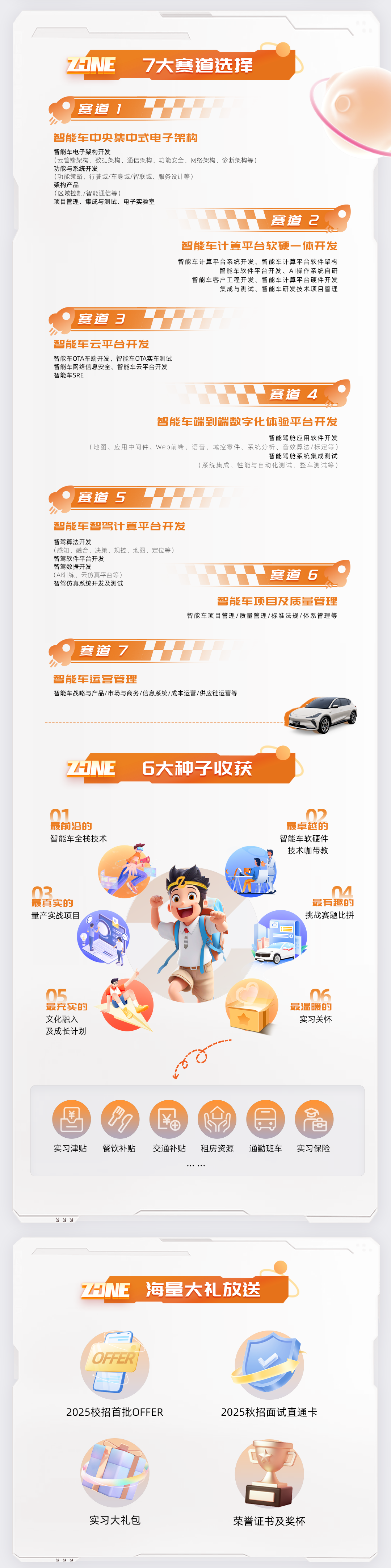 <p>7HNE</p>
<p>7大赛道选择</p>
<p>赛道1</p>
<p>智能车中央集中式电子架构</p>
<p>智能车电子架构开发</p>
<p>(云管端架构、数据架构、通信架构、功能安全、网络架构、诊断架构等)<br/>功能与系统开发</p>
<p>(功能策略、行驶域/车身域/智联域、服务设计等)</p>
<p>架构产品</p>
<p>(区域控制/智能通信等)</p>
<p>项目管理、集成与测试、电子实验室</p>
<p>赛道2</p>
<p>智能车计算平台软硬一体开发<br/>智能车计算平台系统开发、智能车计算平台软件架构</p>
<p>智能车软件平台开发、AI操作系统自研</p>
<p>智能车客户工程开发、智能车计算平台硬件开发</p>
<p>集成与测试、智能车研发技术项目管理</p>
<p>赛道3</p>
<p>智能车云平台开发</p>
<p>智能车OTA车端开发、智能车OTA实车测试<br/>智能车网络信息安全、智能车云平台开发<br/>智能车SRE</p>
<p>赛道<br/>4</p>
<p>智能车端到端数字化体验平台开发</p>
<p>智能驾舱应用软件开发</p>
<p>(地图、应用中间件、Web前端、语音、域控零件、系统分析、音效算法/标定等)</p>
<p>智能驾舱系统集成测试</p>
<p>(系统集成、性能与自动化测试、整车测试等)</p>
<p>赛道 5</p>
<p>智能车智驾计算平台开发</p>
<p>智驾算法开发</p>
<p>(感知、融合、决策、规控、地图、定位等)</p>
<p>智驾软件平台开发</p>
<p>智驾数据开发</p>
<p>(AI训练、云仿真平台等)</p>
<p>赛道 6</p>
<p>智驾仿真系统开发及测试</p>
<p>智能车项目及质量管理</p>
<p>智能车项目管理/质量管理/标准法规/体系管理等</p>
<p>赛道7</p>
<p>智能车运营管理</p>
<p>智能车战略与产品/市场与商务/信息系统/成本运营/供应链运营等</p>
<p>7HNE</p>
<p>6大种子收获</p>
<p>最前沿的<br/>智能车全栈技术</p>
<p>最卓越的<br/>智能车软硬件<br/>技术咖带教</p>
<p>05</p>
<p>最真实的<br/>量产实战项目</p>
<p>最有趣的<br/>挑战赛题比拼</p>
<p>05</p>
<p>最充实的<br/>文化融入<br/>及成长计划</p>
<p>最温暖的<br/>实习关怀</p>
<p>实习津贴</p>
<p>餐饮补贴</p>
<p>交通补贴</p>
<p>租房资源</p>
<p>通勤班车</p>
<p>实习保险</p>
<p> </p>
<p>aNE 海量大礼放送</p>
<p>OFFER</p>
<p>2025校招首批OFFER</p>
<p>2025秋招面试直通卡</p>
<p>实习大礼包</p>
<p>荣誉证书及奖杯</p>
