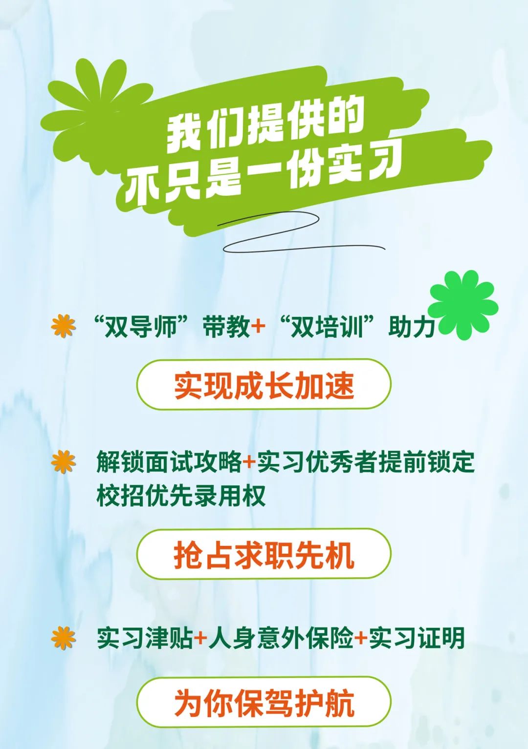 <p>我们提供的,</p>
<p>河</p>
<p>抢占求职先机</p>
<p>为你保驾护航)</p>

<table>
<tr><td></td>
<td></td>
<td></td>
<td colspan="2"></td>
</tr>
<tr><td colspan="3">不只是一份</td>
<td></td>
<td></td>
</tr>
<tr><td colspan="2">米“双导师”带教+“双实现成长加速</td>
<td></td>
<td colspan="2">训”助力 w:</td>
</tr>
<tr><td colspan="2">解锁面试攻略+实习校招优先录用权</td>
<td></td>
<td colspan="2">秀者提前锁定</td>
</tr>
<tr><td>实习津贴+人身</td>
<td>意外</td>
<td></td>
<td colspan="2">呆险+实习证明</td>
</tr>
</table>
