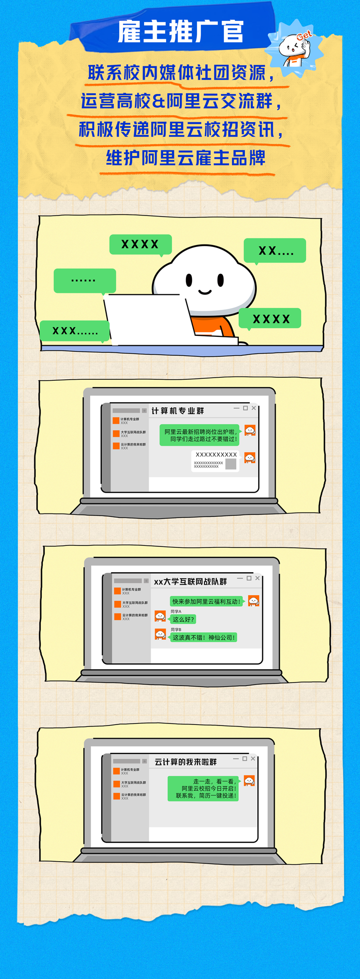 <p>雇主推广官</p>
<p>联系校内媒体社团资源,</p>
<p>运营高校&阿里云交流群,</p>
<p>积极传递阿里云校招资讯,</p>
<p>维护阿里云雇主品牌</p>

<table>
<tr><td colspan="3">XXXXXX.... .....  ,)XXXXXx......</td>
</tr>
<tr><td colspan="3"></td>
</tr>
<tr><td colspan="3"></td>
</tr>
<tr><td colspan="3">-☐x计算机专业群计能机专业群. 大学互联网战队群 阿里云最新招 位出炉时Q同学们走过路云计算的我亲教群xxxxXXxx 2000</td>
</tr>
<tr><td colspan="3"></td>
</tr>
<tr><td colspan="3">xx大学互联网战队群 一☐x计期机专业群大互联周成队群 快来参加阿里云福利互动!1云计算的建来彩群 这么好?这波真不错神仙公司1</td>
</tr>
<tr><td></td>
<td></td>
<td></td>
</tr>
<tr><td colspan="3"></td>
</tr>
<tr><td colspan="3">云计算的我来啦群计美机专业群.大灵及程同战队  指看看元以舞的快来彩都 联界我,超今日开趣</td>
</tr>
<tr><td></td>
<td></td>
<td></td>
</tr>
</table>
