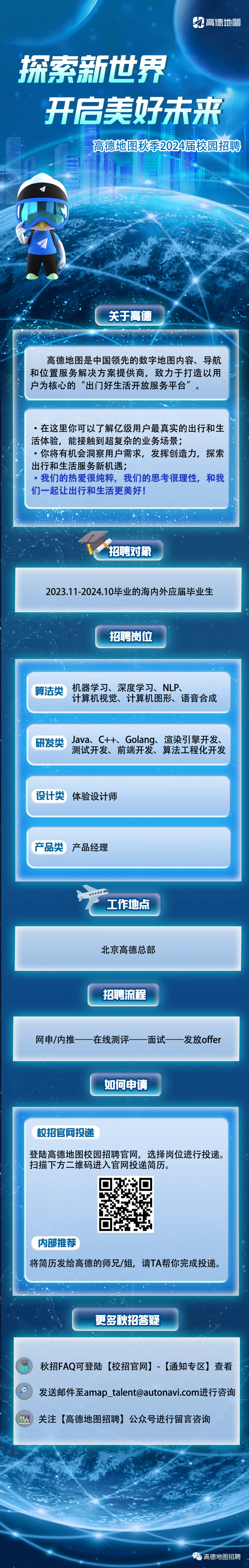 高德地图\\n探索新世界\\n开启美好未来\\n高德地图秋季2024届校园招聘\\n关于高德\\n高德地图是中国领先的数字地图内容、导航\\n和位置服务解决方案提供商,致力于打造以用\\n户为核心的“出门好生活开放服务平台\'\\n’。\\n.在这里你可以了解亿级用户最真实的出行和生\\n活体验，能接触到超复杂的业务场景;\\n●你将有机会洞察用户需求，发挥创造力，探索\\n出行和生活服务新机遇;\\n.我们的热爱很纯粹，我们的思考很理性,和我\\n们一起让出行和生活更美好!\\n招聘对象\\n2023.11-2024.10毕业的海内外应届毕业生\\n招聘岗位\\n算法类\\n机器学习、深度学习、NLP、\\n计算机视觉、计算机图形、语音合成\\n研发类\\nJava、C++、Golang、渲染引擎开发、\\n测试开发、前端开发、算法工程化开发\\n设计类\\n体验设计师\\n产品类\\n产品经理\\n工作地点\\n北京高德总部\\n招聘流程\\n网申/内推\\n在线测评\\n面试\\n发放offer\\n如何申请\\n校招官网投递\\n登陆高德地图校园招聘官网，选择岗位进行投递。\\n扫描下方二维码进入官网投递简历。\\n内部推荐\\n将简历发给高德的师兄/姐，请TA帮你完成投递。\\n更多秋招答疑\\n秋招FAQ可登陆[校招官网]-[通知专区]查看\\n发送邮件至amap_talent@autonavi.com进行咨询\\n关注[高德地图招聘]公众号进行留言咨询\\n高德地图招聘\\n