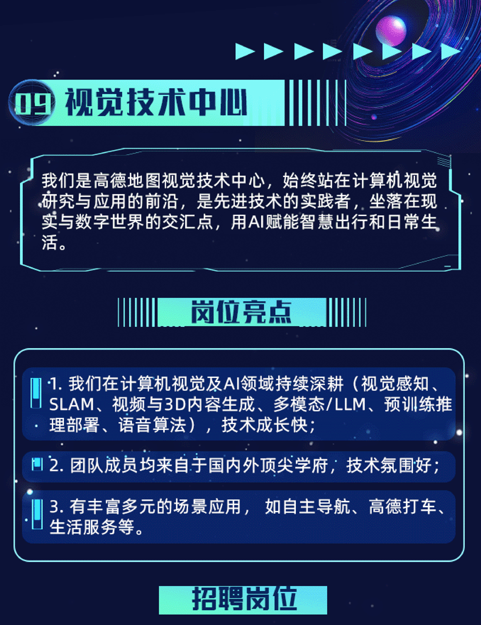 <p>09视觉技术中心</p>
<p>我们是高德地图视觉技术中 心,始终站在 计算机视觉</p>
<p>研究与应用的前沿,是先进技术的实践者,坐落在现</p>
<p>买与数字世界的交汇点,用AI赋能智慧出行和日常生</p>
<p>活。</p>
<p>岗位亮点</p>
<p>1.我们在计算机视觉及AI领域持续深耕(视觉感知、</p>
<p>I SLAM、视频与3D内容生成、多模态/LLM、预训练推</p>
<p>理部署、语音算法) ,技术成长快;</p>
<p>凹2.团队成员均来自于国内外顶尖学府技术氛围好;</p>
<p>3.有丰富多元的场景应用,如自主导航、高德打车、</p>
<p>J生活服务等。</p>
<p>招聘岗位</p>
