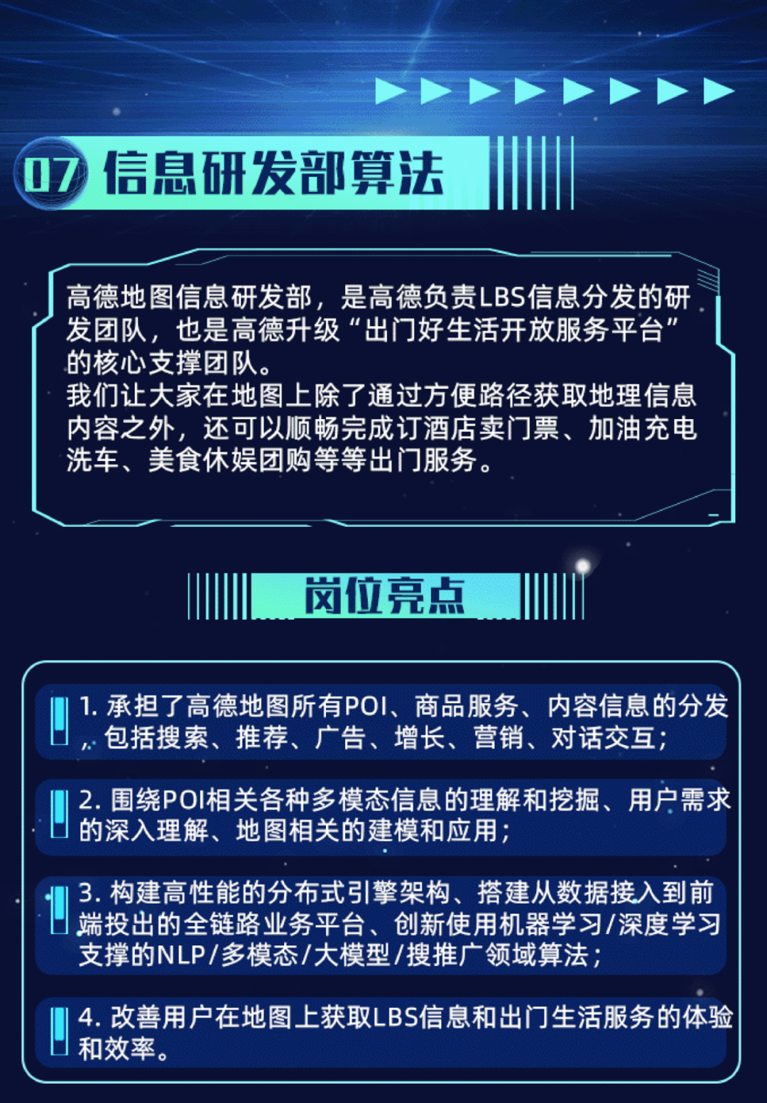 <p>信息研发部算法</p>
<p>高德地图信息研发部，是高德负责LBS信息分发的研<br/>发团队，也是高德升级“出门好生活开放服务平台”<br/>的核心支撑团队。</p>
<p>我们让大家在地图上除了通过方便路径获取地理信息<br/>内容之外，还可以顺畅完成订酒店卖门票、加油充电<br/>洗车、美食休娱团购等等出门服务。</p>
<p>岗位亮点</p>
<p>1.承担了高德地图所有POI、商品服务、内容信息的分发<br/>包括搜索、推荐、广告、增长、营销、对话交互;</p>
<p>2.围绕POI相关各种多模态信息的理解和挖掘、用户需求<br/>的深入理解、地图相关的建模和应用;</p>
<p>3.构建高性能的分布式引擎架构、搭建从数据接入到前<br/>端投出的全链路业务平台、创新使用机器学习/深度学习<br/>支撑的NLP/多模态/大模型/搜推广领域算法;</p>
<p>4.改善用户在地图上获取LBS信息和出门生活服务的体验<br/>和效率。</p>
