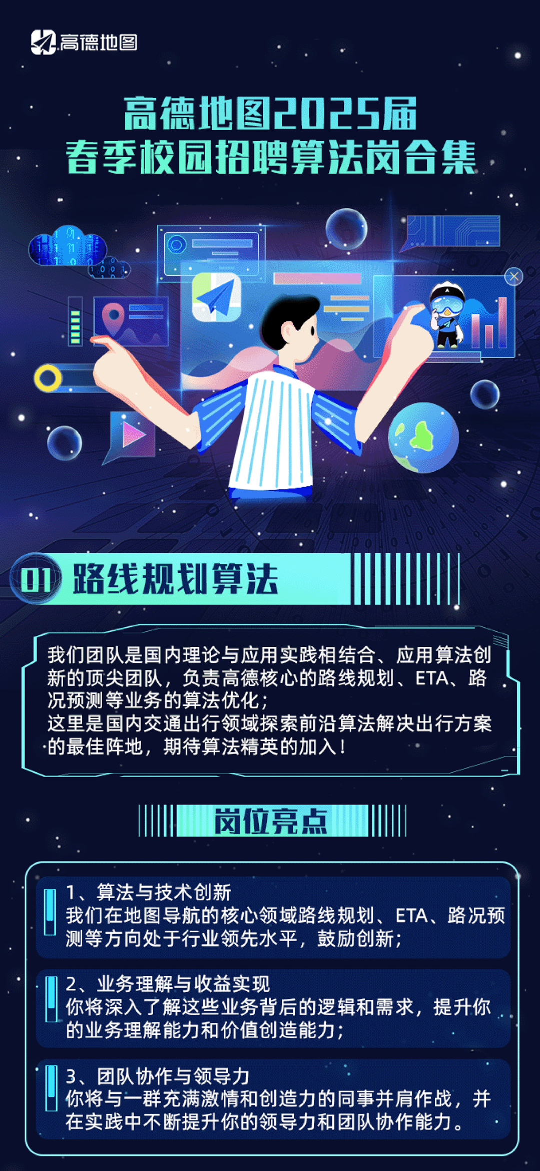 <p>高德地图</p>
<p>高德地图2025届<br/>春季校园招聘算法岗合集</p>
<p>路线规划算法</p>
<p>我们团队是国内理论与应用实践相结合、应用算法创<br/>新的顶尖团队，负责高德核心的路线规划、ETA、路<br/>况预测等业务的算法优化</p>
<p>这里是国内交通出行领域探索前沿算法解决出行方案<br/>.的最佳阵地，期待算法精英的加入!</p>
<p>岗位亮点</p>
<p>1、算法与技术创新</p>
<p>我们在地图导航的核心领域路线规划、ETA、路况领<br/>测等方向处于行业领先水平，鼓励创新;</p>
<p>2、业务理解与收益实现</p>
<p>你将深入了解这些业务背后的逻辑和需求，提升你<br/>的业务理解能力和价值创造能力;</p>
<p>3、团队协作与领导力</p>
<p>你将与一群充满激情和创造力的同事并肩作战，并<br/>在实践中不断提升你的领导力和团队协作能力。</p>
