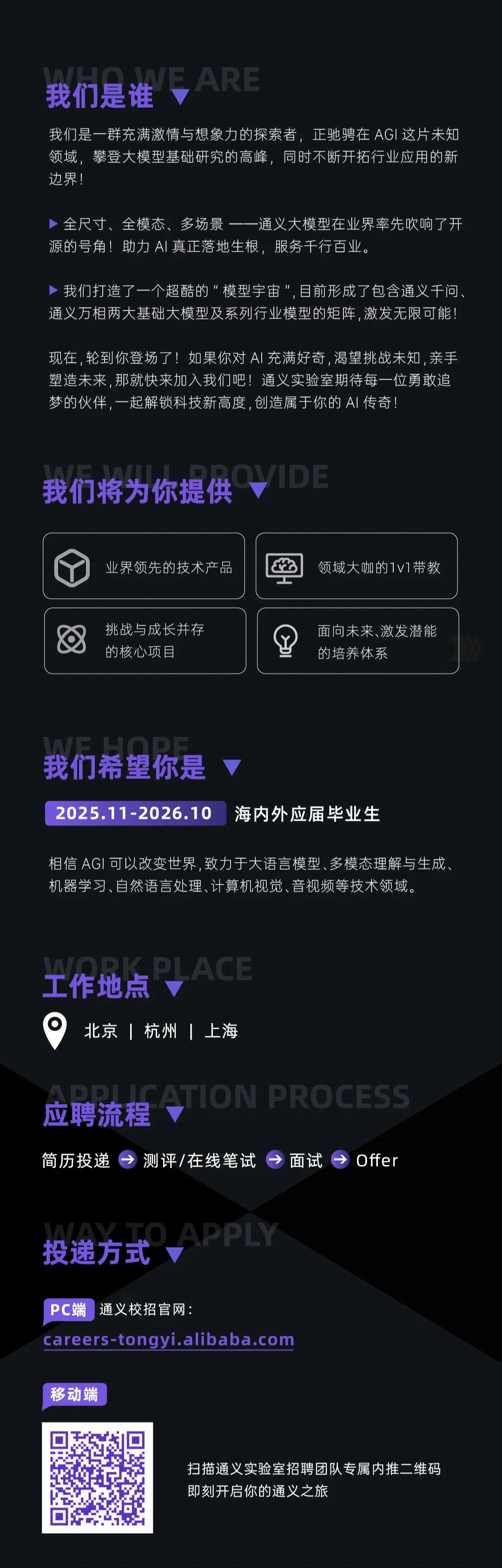 <p>我们是谁<br/>ARE</p>
<p>我们是一群充满激情与想象力的探索者，正驰骋在AGI 这片未知<br/>领域，攀登大模型基础研究的高峰，同时不断开拓行业应用的新<br/>边界!</p>
<p>全尺寸、全模态、多场景一一通义大模型在业界率先吹响了开<br/>源的号角!助力AI真正落地生根，服务千行百业。</p>
<p>我们打造了一个超酷的"模型宇宙"，目前形成了包含通义千问<br/>通义万相两大基础大模型及系列行业模型的矩阵,激发无限可能!</p>
<p>现在,轮到你登场了!如果你对AI充满好奇,渴望挑战未知,亲手<br/>塑造未来,那就快来加入我们吧!通义实验室期待每一位勇敢追<br/>梦的伙伴，一起解锁科技新高度,创造属于你的AI传奇!</p>
<p>我们将为你提供</p>
<p>IDE</p>
<p>业界领先的技术产品</p>
<p>领域大咖的1v1带教</p>
<p>挑战与成长并存<br/>的核心项目</p>
<p>面向未来、激发潜能<br/>的培养体系</p>
<p>我们希望你是<br/>2025.11-2026.10</p>
<p>海内外应届毕业生</p>
<p>相信AGI可以改变世界,致力于大语言模型、多模态理解与生成<br/>机器学习、自然语言处理、计算机视觉、音视频等技术领域。</p>
<p>工作地点<br/>PLACE<br/>北京杭州上海</p>
<p>应聘流程<br/>TION PROCESS<br/>简历投递</p>
<p>测评/在线笔试</p>
<p>面试</p>
<p>Offer</p>
<p>投递方式</p>
<p>APPLY</p>
<p>PC端<br/>通义校招官网</p>
<p>careers-tongyi.alibaba.com</p>
<p>移动端</p>
<p>扫描通义实验室招聘团队专属内推二维码<br/>即刻开启你的通义之旅</p>

