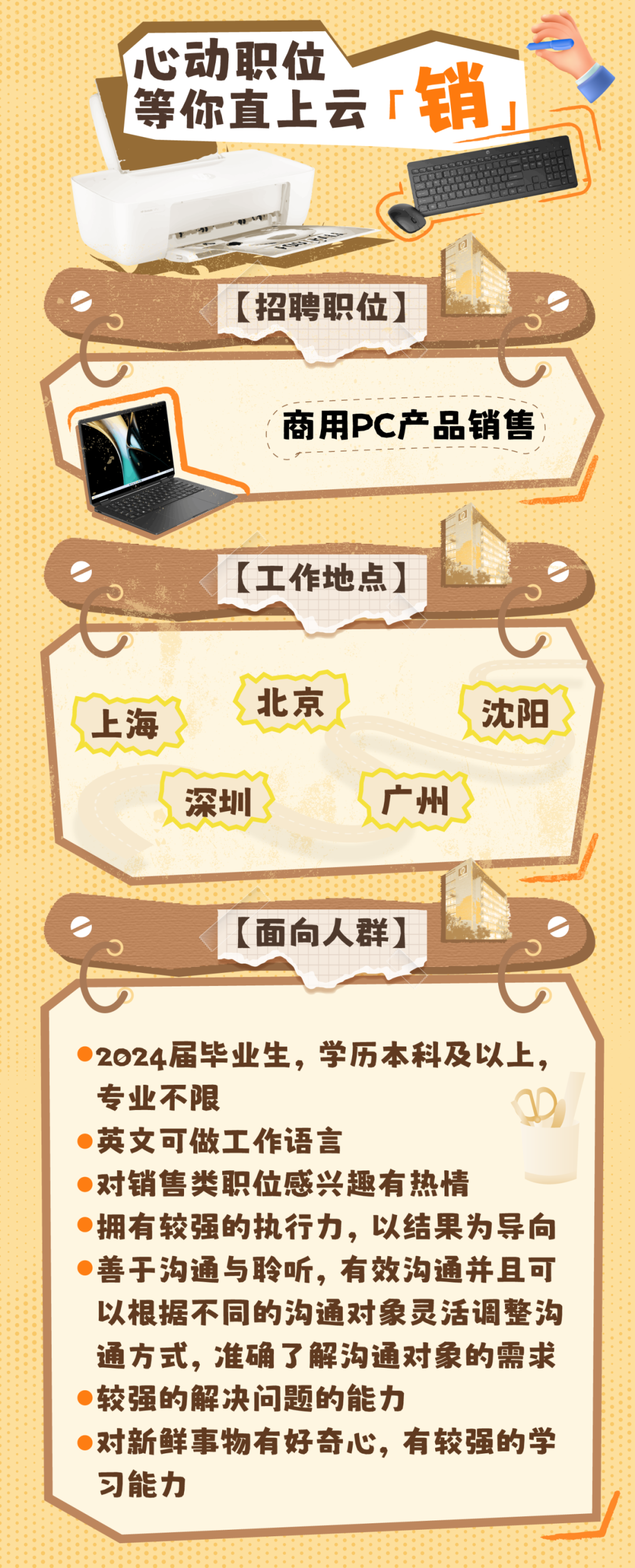 <p>心动职位</p>
<p>等你直上云<br/>「销</p>
<p>招聘职位</p>
<p>商用PC产品销售</p>
<p>(工作地点</p>
<p>上海</p>
<p>北京</p>
<p>深圳</p>
<p>沈阳</p>
<p>广州</p>
<p>[面向人群)</p>
<p>2024届毕业生，学历本科及以上，<br/>专业不限</p>
<p>英文可做工作语言</p>
<p>对销售类职位感兴趣有热情</p>
<p>拥有较强的执行力，以结果为导向<br/>善于沟通与聆听，有效沟通并且可<br/>以根据不同的沟通对象灵活调整沟<br/>通方式，准确了解沟通对象的需求<br/>较强的解决问题的能力</p>
<p>对新鲜事物有好奇心，有较强的学<br/>习能力</p>
