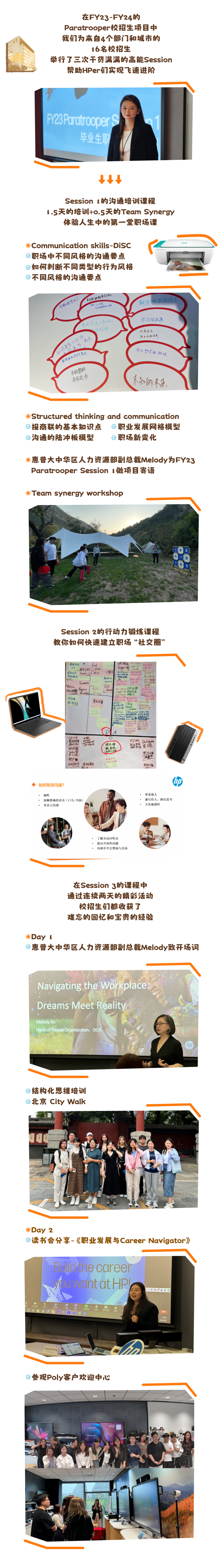 <p>在FY23-FY24的</p>
<p>Paratrooper校招生项目中<br/>我们为来自4个部门和城市的</p>
<p>16名校招生</p>
<p>举行了三次干货满满的高能Session<br/>帮助HPer们实现飞速进阶</p>
<p>FY23ParatrooperS</p>
<p>毕业生职</p>
<p>Session1的沟通培训课程</p>
<p>1.5天的培训+o.5天的Team Synergy<br/>体验人生中的第一堂职场课</p>
<p>oCommunication skills-DiSC<br/>C职场中不同风格的沟通要点<br/>如何判断不同类型的行为风格<br/>不同风格的沟通要点</p>
<p>午饭吃什么0</p>
<p>拉妆社仑人几?</p>
<p>特:6破</p>
<p>③情4理集6如孩</p>
<p>期何北获船本方</p>
<p>完城学生职场</p>
<p>场</p>
<p>成大</p>
<p>能更好的认冷大家(0</p>
<p>乏桐鹊助</p>
<p>发同进步</p>
<p>学月的成果</p>
<p>环债适<br/>职业怕据培美</p>
<p>什么形式的翔时</p>
<p>来知的来来</p>
<p>oStructured thinking and communication<br/>报商联的基本知识点职业发展网格模型<br/>0沟通的陆冲板模型<br/>0职场新变化</p>
<p>惠普大中华区人力资源部副总裁Melody为FY23<br/>Paratrooper Session1做项目寄语</p>
<p>OTeam synergy workshop</p>
<p>E</p>
<p>Session2的行动力锻炼课程<br/>教你如何快速建立职场“社交圈”</p>
<p>其他公司<br/>End</p>
<p>UAT周五<br/>同可确人</p>
<p>21<br/>它UT<br/>Uoer</p>
<p>Sigr-of<br/>ngatim</p>
<p>红，%</p>
<p>其他4司<br/>Team<br/>CMO</p>
<p>MO</p>
<p>与/<br/> <br/>学找5</p>
<p>育纺验的</p>
<p>Busine se</p>
<p>招</p>
<p>人<br/>输入数退<br/>”好和的</p>
<p>Finane</p>
<p> <br/>注我</p>
<p>113</p>
<p>SIT</p>
<p>Region<br/>网上视频</p>
<p>熟刁正向反绩<br/>Team</p>
<p>Racineg</p>
<p> <br/>团队成局</p>
<p> </p>
<p>的奖力<br/>2天内*</p>
<p>一<br/>$<br/>光北州方<br/>择CM的</p>
<p>网络</p>
<p>焦后</p>
<p>9958<br/>aily<br/>的</p>
<p>资询</p>
<p>soe</p>
<p> </p>
<p>和ad.B<br/>3</p>
<p> </p>
<p> <br/> <br/> </p>
<p>团一起</p>
<p> </p>
<p>K盐</p>
<p>村2</p>
<p> </p>
<p>时间紧</p>
<p>上要</p>
<p>客广发</p>
<p>coaplain<br/>老板和</p>
<p>本增</p>
<p>效在续<br/>明</p>
<p>IT/UAT<br/>Onschadle<br/>猓全绿</p>
<p>老板瓶</p>
<p>19</p>
<p>如何有效沟通</p>
<p>倾嘶听</p>
<p>清晰准确的表达(口头/书面)<br/>非语言沟通</p>
<p>hD</p>
<p>尊重他人</p>
<p>谦以待人，换位思考<br/>文化敏感性</p>
<p>了解并适应听众<br/>提出开放性问题</p>
<p>沟通中学会赞扬与妥协</p>
<p>在Session3的课程中<br/>通过连续两天的精彩活动</p>
<p>校招生们都收获了</p>
<p>难忘的回忆和宝贵的经验</p>
<p>ODay 1</p>
<p>9惠普大中华区人力资源部副总裁Melody致开场词</p>
<p>Navigating the Workplacee<br/>Dreams Meet Reality</p>
<p>Melody Xu</p>
<p>Head of Peaple Organization, G</p>
<p>结构化思维培训<br/>北京CityWalk</p>
<p>oDay 2</p>
<p>O读书会分享-《职业发展与CareerNavigator》</p>
<p>Build the career<br/>you wantat HP!</p>
<p>结</p>
<p>13:22</p>
<p>20247</p>
<p>Thomas Wang</p>
<p>0参观Poly客户欢迎中心</p>
<p>9,22</p>
