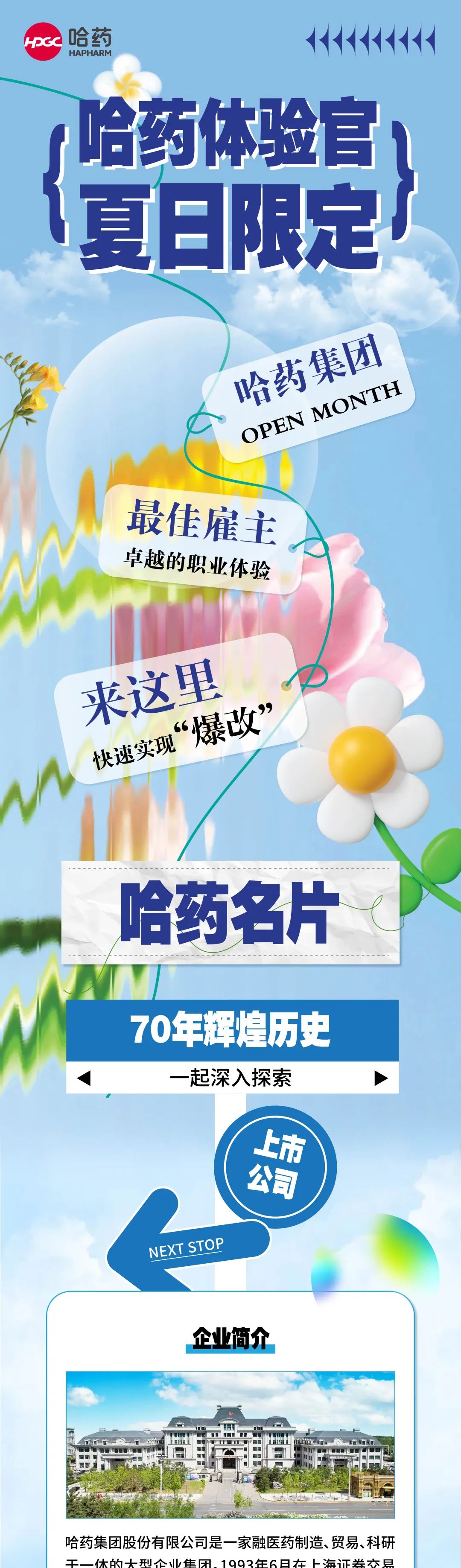 <p>HPCC<br/>哈药</p>
<p>HAPHARM</p>
<p>哈药体验官</p>
<p> </p>
<p>夏日限定</p>
<p>哈药集团</p>
<p>OPEN MONTH<br/>最佳雇主</p>
<p>卓越的职业体验</p>
<p>来这里</p>
<p>快速实现“爆改”</p>
<p>哈药名片</p>
<p>70年辉煌历史</p>
<p>一起深入探索</p>
<p>上市</p>
<p>公司</p>
<p>NEXT STOP</p>
<p>企业简介</p>
<p>哈药集团股份有限公司是一家融医药制造、贸易、科研<br/>干一休的大刑企业隼团1993年6日在上海证类峦县</p>
