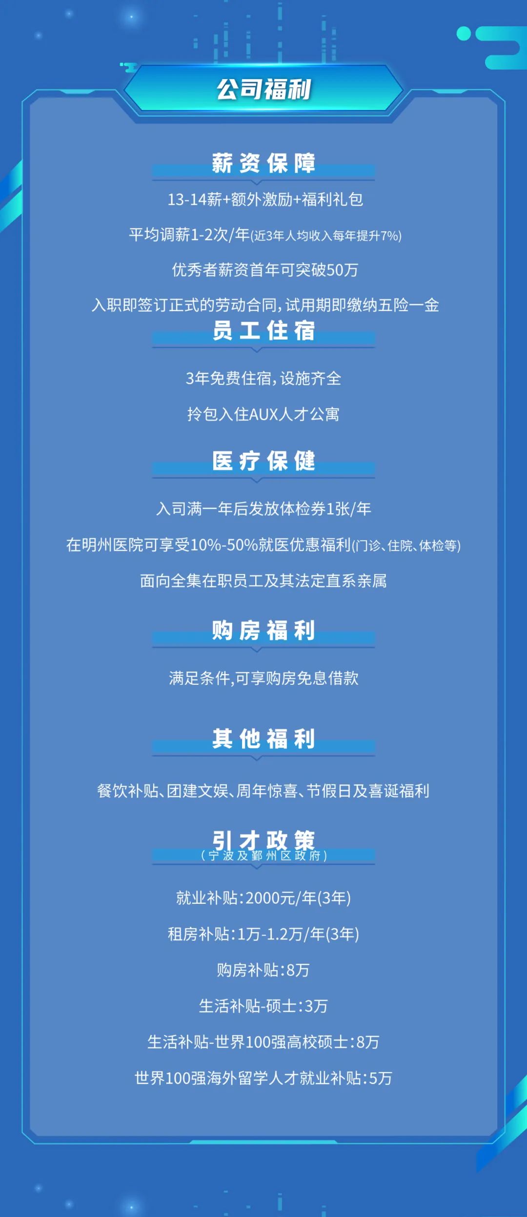 <p>公司福利</p>
<p>薪资保障</p>
<p>13-14薪+额外激励+福利礼包</p>
<p>平均调薪1-2次/年(近3年人均收入每年提升7%</p>
<p>优秀者薪资首年可突破50万</p>
<p>入职即签订正式的劳动合同,试用期即缴纳五险一金</p>
<p>员工住宿</p>
<p>3年免费住宿,设施齐全<br/>拎包入住AUX人才公寓</p>
<p>医疗保健</p>
<p>入司满一年后发放体检券1张/年</p>
<p>在明州医院可享受10%-50%就医优惠福利(门诊、住院、体检等)</p>
<p>面向全集在职员工及其法定直系亲属</p>
<p>购房福利</p>
<p>满足条件,可享购房免息借款</p>
<p>其他福利</p>
<p>餐饮补贴、团建文娱、周年惊喜、节假日及喜诞福利</p>
<p>引才政策<br/>宁波及鄞州区政府</p>
<p>就业补贴:2000元/年(3年)<br/>租房补贴:1万-1.2万/年(3年)</p>
<p>购房补贴:8万</p>
<p>生活补贴-硕士:3万</p>
<p>生活补贴-世界100强高校硕士:8万<br/>世界100强海外留学人才就业补贴:5万</p>
