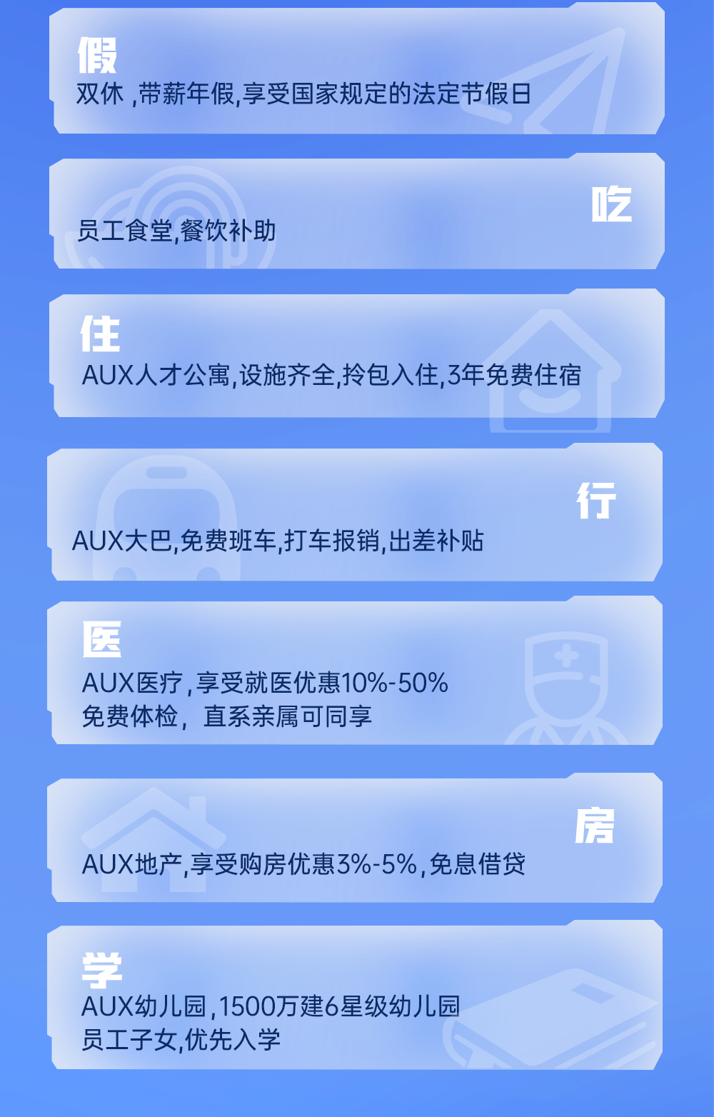 <p>假</p>
<p>双休,带薪年假,享受国家规定的法定节假日</p>
<p>员工食堂,餐饮补助</p>
<p>专</p>
<p>住</p>
<p>AUX人才公寓,设施齐全,拎包入住,3年免费住宿</p>
<p>AUX大巴,免费班车,打车报销,出差补贴</p>
<p>医</p>
<p>AUX医疗，享受就医优惠10%-50%<br/>免费体检，直系亲属可同享</p>
<p>AUX地产,享受购房优惠3%-5%,免息借贷</p>
<p>房</p>
<p>学</p>
<p>AUX幼儿园,1500万建6星级幼儿园<br/>员工子女,优先入学</p>
