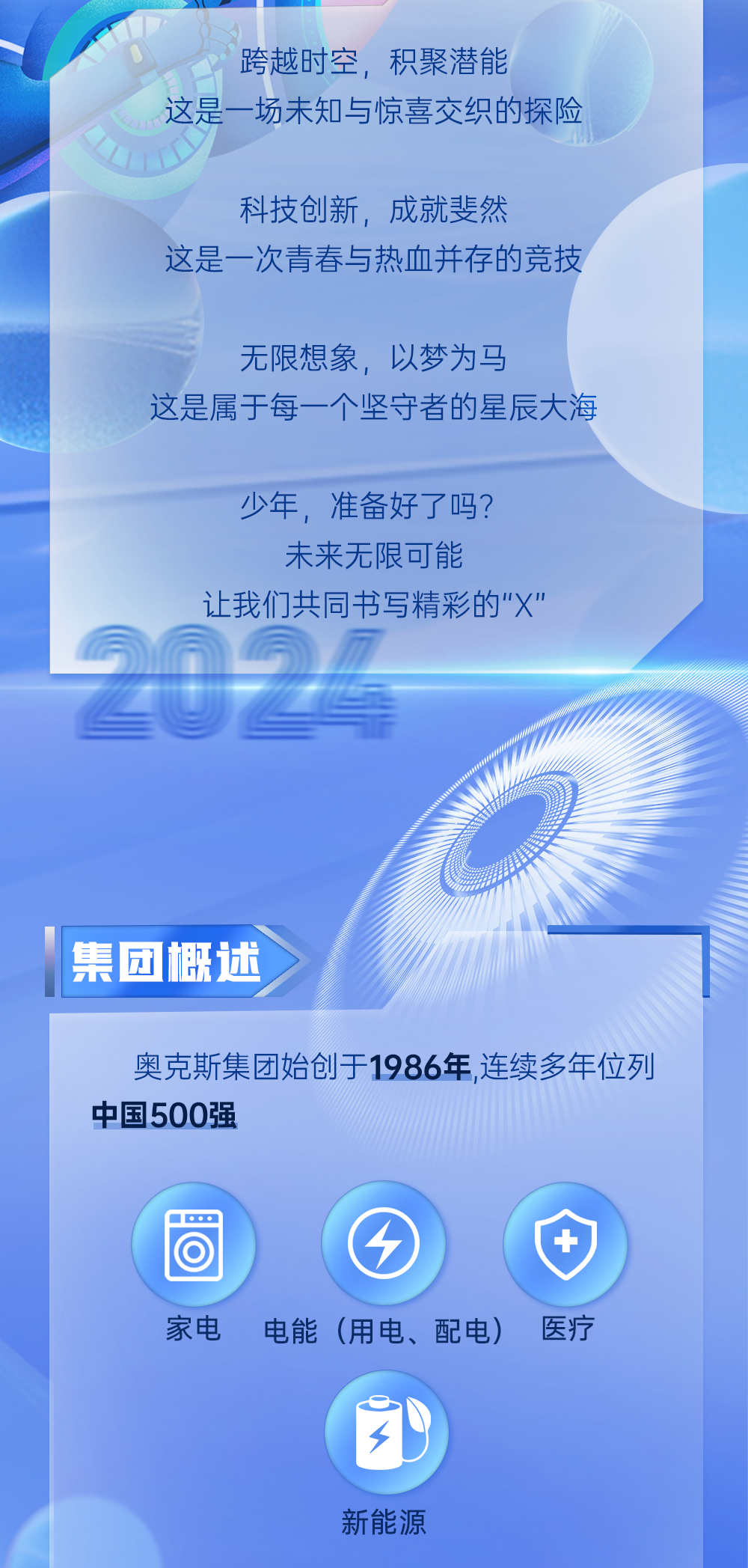 <p>跨越时空，积聚潜能</p>
<p>这是一场未知与惊喜交织的探险</p>
<p>科技创新，成就斐然</p>
<p>这是一次青春与热血并存的竞技</p>
<p>无限想象，以梦为马</p>
<p>这是属于每一个坚守者的星辰大海</p>
<p>少年，准备好了吗?</p>
<p>未来无限可能</p>
<p>让我们共同书写精彩的"X"</p>
<p>集团概述</p>
<p>奥克斯集团始创于1986年,连续多年位列<br/>中国500强</p>
<p>...</p>
<p>家电</p>
<p>电能(用电、配电)</p>
<p>医疗</p>
<p>新能源</p>
