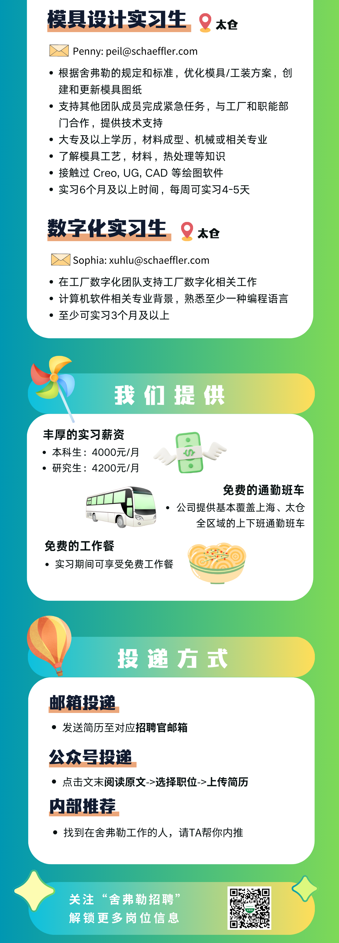 <p>模具设计实习生<br/>太仓</p>
<p>Penny: peil@schaeffler.com</p>
<p>根据舍弗勒的规定和标准，优化模具/工装方案，创<br/>建和更新模具图纸</p>
<p>支持其他团队成员完成紧急任务，与工厂和职能部<br/>门合作，提供技术支持</p>
<p>大专及以上学历，材料成型、机械或相关专业<br/>了解模具工艺，材料，热处理等知识</p>
<p>●接触过 Creo,UG,CAD 等绘图软件</p>
<p>实习6个月及以上时间，每周可实习4-5天</p>
<p>数字化实习生</p>
<p>太仓</p>
<p>Sophia:xuhlu@schaeffler.com</p>
<p>●在工厂数字化团队支持工厂数字化相关工作</p>
<p>计算机软件相关专业背景，熟悉至少一种编程语言<br/>●至少可实习3个月及以上</p>
<p>我们提供</p>
<p>丰厚的实习薪资</p>
<p>●本科生:4000元/月</p>
<p>。研究生:4200元/月</p>
<p>免费的通勤班车</p>
<p>公司提供基本覆盖上海、太仓</p>
<p>全区域的上下班通勤班车</p>
<p>免费的工作餐</p>
<p>●实习期间可享受免费工作餐</p>
<p>投递方式</p>
<p>邮箱投递</p>
<p>●发送简历至对应招聘官邮箱</p>
<p>公众号投递</p>
<p>●点击文末阅读原文->选择职位->上传简历<br/>内部推荐</p>
<p>●找到在舍弗勒工作的人，请TA帮你内推</p>
<p>关注“舍弗勒招聘’<br/>解锁更多岗位信息</p>

