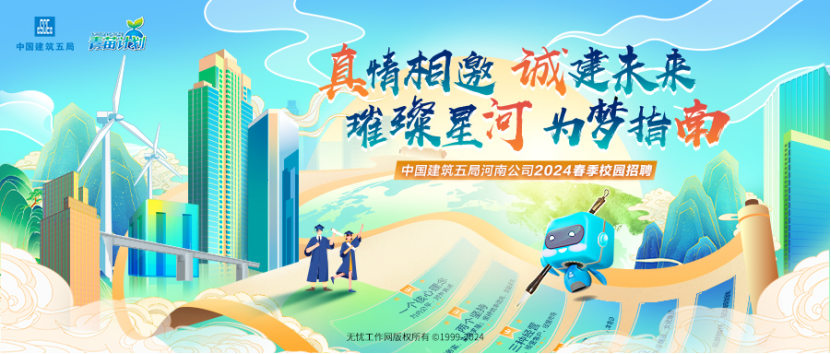 <p>品中国建筑五局高面我</p>
<p>真情相邀诚建未来</p>
<p>难璨星河为梦指南</p>
<p>I 中国建筑五局河南公司2024春季校园招聘</p>
<p>人</p>
<p>无忧工作网版权所有01999-2024</p>
