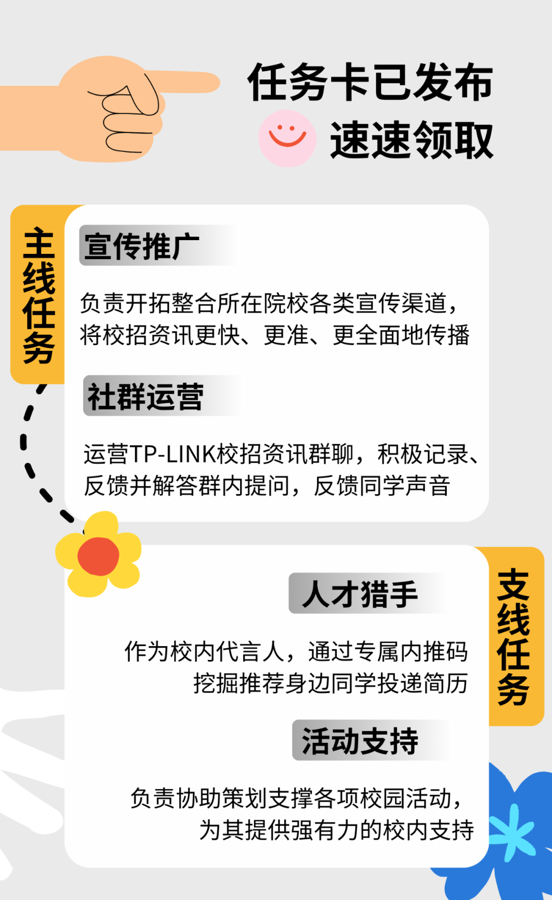 <p>任务卡已发布</p>
<p>速速领取</p>
<p>主宣传推广</p>
<p>线</p>
<p>任负责开拓整合所在院校各类宣传渠道,</p>
<p>务将校招资讯更快、更准、更全面地传播</p>
<p>社群运营</p>
<p>O</p>
<p>运营TP-LINK校招资讯群聊,积极记录、</p>
<p>\',反馈并解答群内提问,反馈同学声音</p>
<p>人才猎手支</p>
<p>线</p>
<p>作为校内代言人,通过专属内推码任</p>
<p>挖掘推荐身边同学投递简历务</p>
<p>活动支持</p>
<p>负责协助策划支撑各项校园活动,</p>
<p>为其提供强有力的校内支持k</p>
