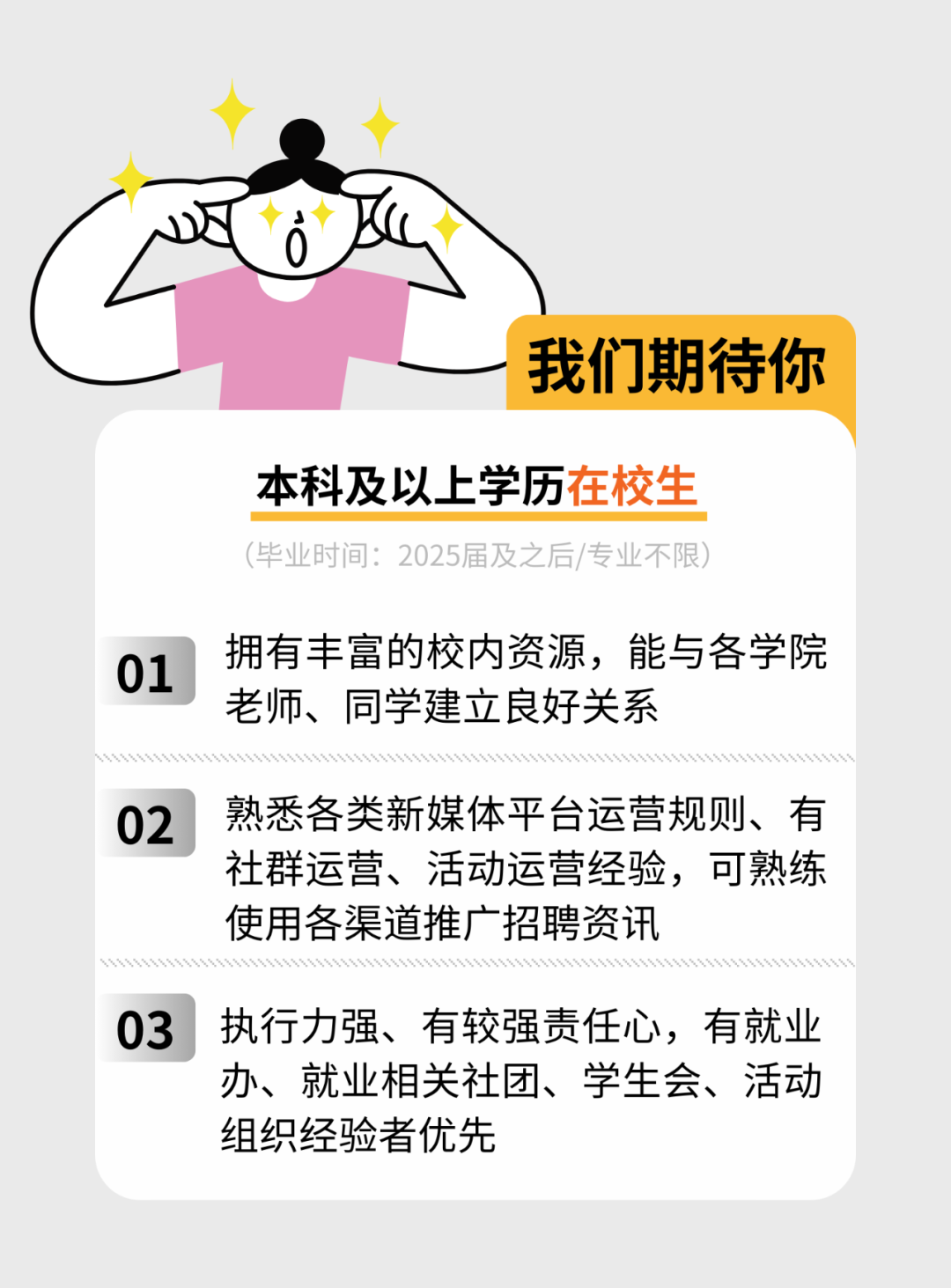 <p>正C</p>
<p>I我们期待你</p>
<p>本科及以.上学历在校生</p>
<p>(毕业时间: 2025届及之后/专业不限)</p>
<p>01拥有丰富的校内资源,能与各学院</p>
<p>老师、同学建立良好关系</p>
<p>02熟悉各类新媒体平台运营规则、有</p>
<p>社群运营、活动运营经验,可熟练</p>
<p>使用各渠道推广招聘资讯</p>
<p>03执行力强、有较强责任心,有就业</p>
<p>办、就业相关社团、学生会、活动</p>
<p>组织经验者优先</p>
