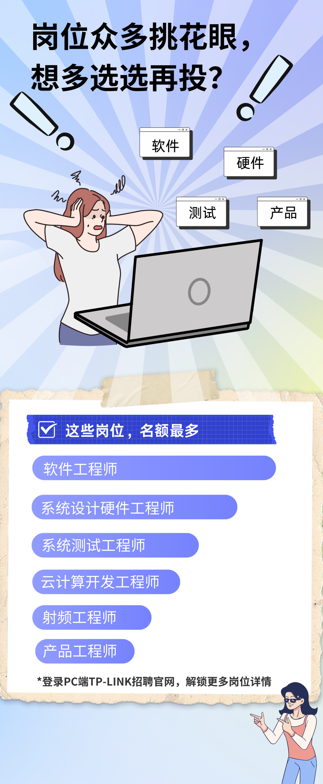 <p>岗位众多挑花眼，<br/>想多选选再投?</p>
<p>O</p>
<p>软件</p>
<p>硬件</p>
<p>n</p>
<p>测试</p>
<p>产品</p>
<p>这些岗位，名额最多<br/>软件工程师</p>
<p>系统设计硬件工程师</p>
<p>系统测试工程师</p>
<p>云计算开发工程师</p>
<p>射频工程师</p>
<p>产品工程师</p>
<p>*登录PC端TP-LINK招聘官网，解锁更多岗位详情</p>
