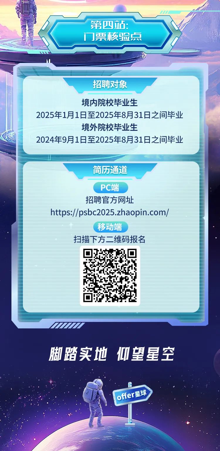 <p>第四站:</p>
<p>门票核验点</p>
<p>招聘对象</p>
<p>境内院校毕业生</p>
<p>2025年1月1日至2025年8月31日之间毕业</p>
<p>境外院校毕业生</p>
<p>2024年9月1日至2025年8月31日之间毕业</p>
<p>简历通道</p>
<p>( PC端</p>
<p>招聘官方网址</p>
<p>https://psbc2025.zhaopin.com/</p>
<p>(移动端</p>
<p>扫描下方二维码报名</p>
<p>M111</p>
<p>脚踏实地仰望星空</p>
<p>offer星球</p>
