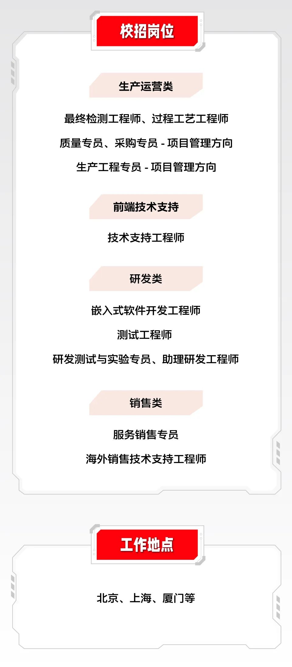 <p>校招岗位</p>
<p>生产运营类</p>
<p>最终检测工程师、过程工艺工程师<br/>质量专员、采购专员-项目管理方向</p>
<p>生产工程专员-项目管理方向</p>
<p>前端技术支持<br/>技术支持工程师</p>
<p>研发类</p>
<p>嵌入式软件开发工程师<br/>测试工程师</p>
<p>研发测试与实验专员、助理研发工程师</p>
<p>销售类</p>
<p>服务销售专员</p>
<p>海外销售技术支持工程师</p>
<p>工作地点</p>
<p>北京、上海、厦门等</p>
