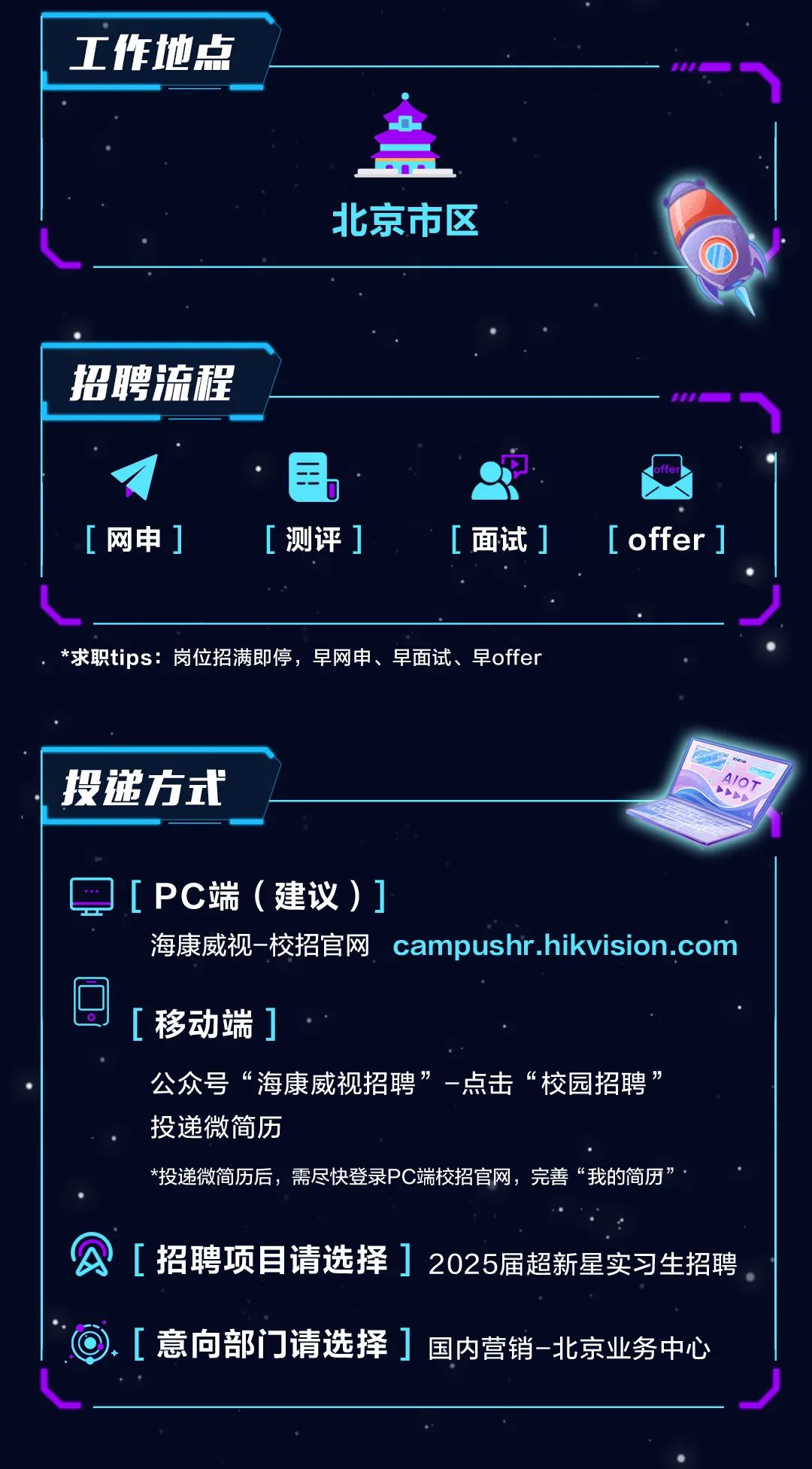 <p>工作地点</p>
<p>北京市区</p>
<p>招聘流程</p>
<p>[网申]</p>
<p>[测评]</p>
<p>[面试]</p>
<p>[offer ]</p>
<p>*求职tips:岗位招满即停，早网申、早面试、早offer</p>
<p>投递方式</p>
<p>AI0T</p>
<p>[PC端(建议)]</p>
<p>海康威视-校招官网campushr.hikvision.com</p>
<p>[移动端]</p>
<p>公众号“海康威视招聘”-点击“校园招聘<br/>投递微简历</p>
<p>*投递微简历后，需尽快登录PC端校招官网，完善“我的简历”</p>
<p>[招聘项目请选择]2025届超新星实习生招聘<br/>[意向部门请选择]国内营销-北京业务中心</p>

