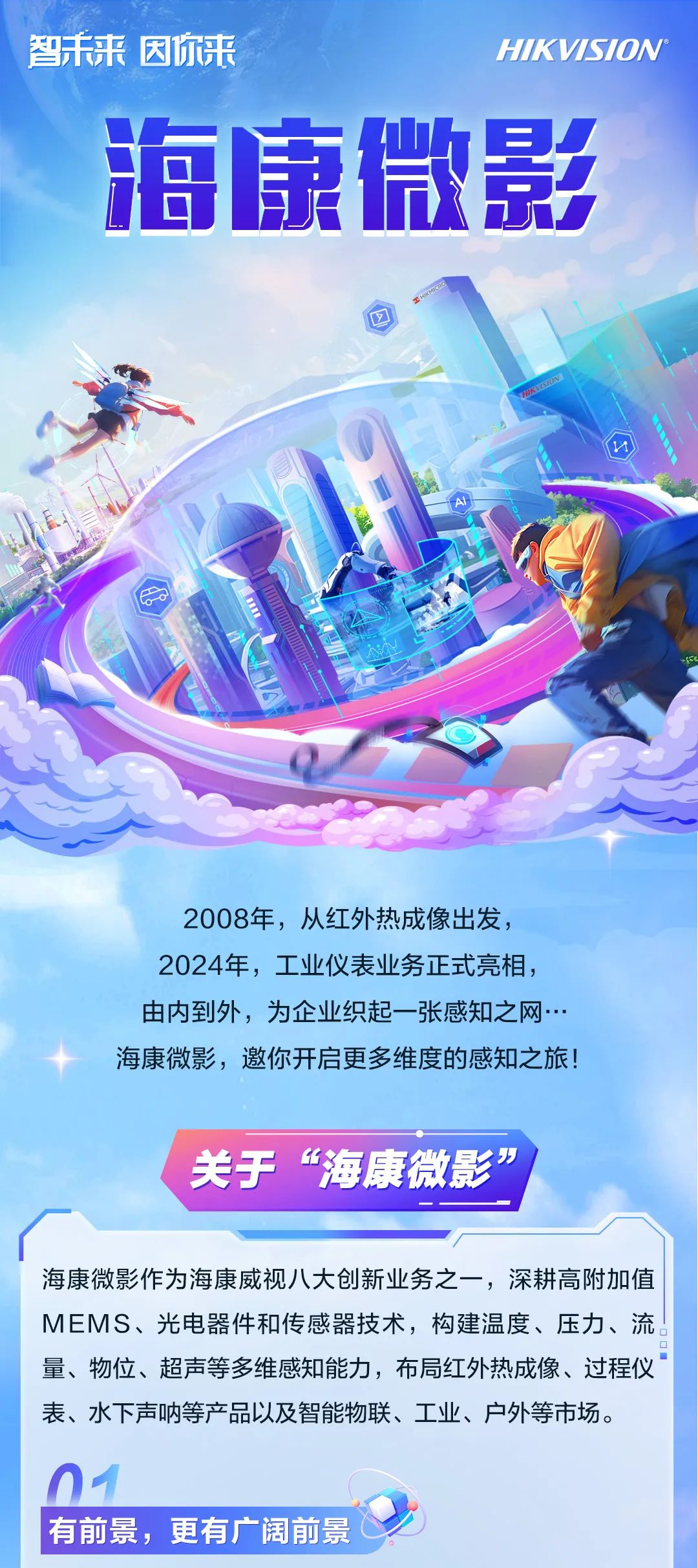 <p>智未来因你来</p>
<p>HIKVSION</p>
<p>海康微影</p>
<p>2008年，从红外热成像出发，<br/>2024年，工业仪表业务正式亮相，<br/>由内到外，为企业织起一张感知之网..<br/>海康微影，邀你开启更多维度的感知之旅!</p>
<p>关于“海康微影”</p>
<p>海康微影作为海康威视八大创新业务之一，深耕高附加值<br/>MEMS、光电器件和传感器技术，构建温度、压力、流<br/>量、物位、超声等多维感知能力，布局红外热成像、过程仪<br/>表、水下声呐等产品以及智能物联、工业、户外等市场。</p>
<p>有前景，更有广阔前景</p>
