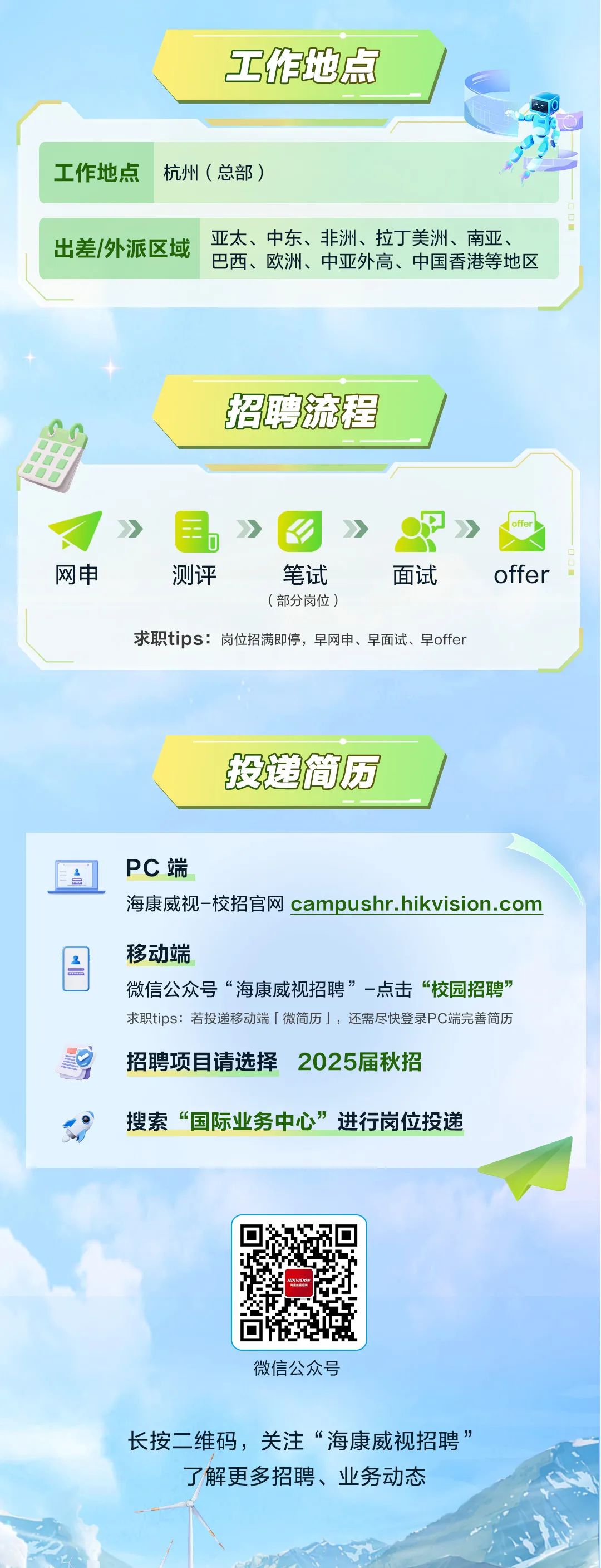 <p>工作地点</p>
<p>工作地点</p>
<p>杭州(总部)</p>
<p>出差/外派区域</p>
<p>亚太、中东、非洲、拉丁美洲、南亚、<br/>巴西、欧洲、中亚外高、中国香港等地区</p>
<p>招聘流程</p>
<p>网申</p>
<p>二</p>
<p> </p>
<p>测评</p>
<p>笔试</p>
<p>面试</p>
<p>(部分岗位)</p>
<p>求职tips:岗位招满即停，早网申、早面试、早offer</p>
<p>offer</p>
<p>投递简历</p>
<p>PC端</p>
<p>海康威视-校招官网 campushr.hikvision.com</p>
<p>移动端</p>
<p>微信公众号“海康威视招聘”-点击“校园招聘”<br/>求职tips:若投递移动端「 微简历」，还需尽快登录PC端完善简历<br/>招聘项目请选择2025届秋招</p>
<p>搜索“国际业务中心”进行岗位投递</p>
<p>微信公众号</p>
<p>长按二维码，关注“海康威视招聘”<br/>了解更多招聘、业务动态</p>
