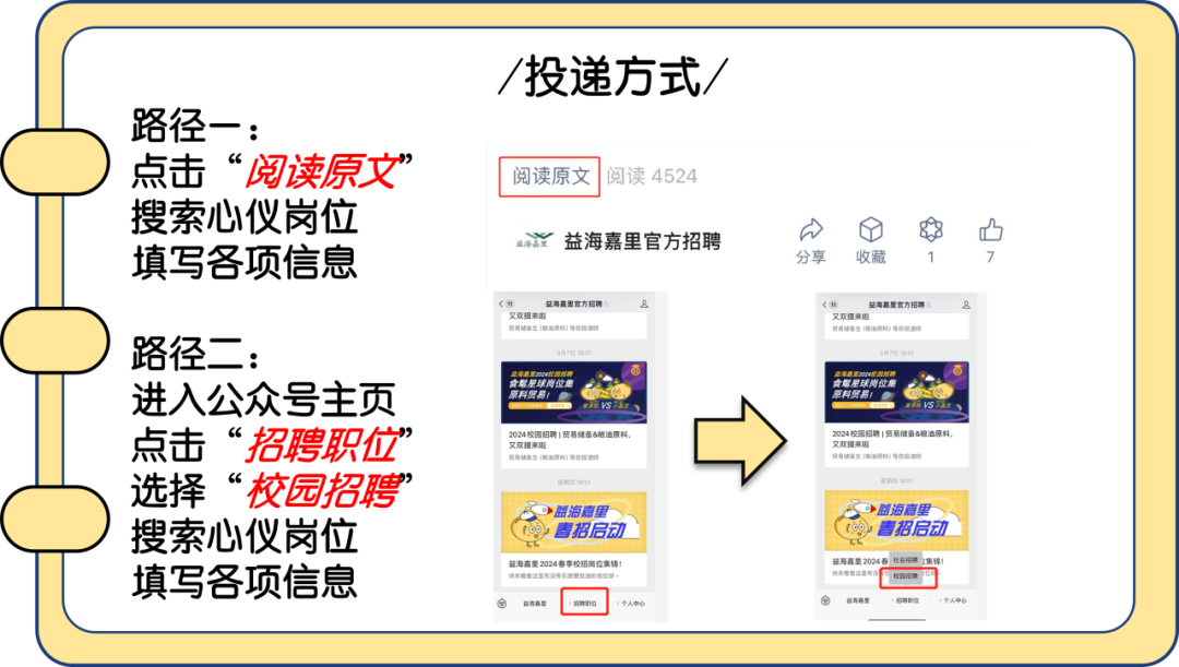 <p>路径一:</p>
<p>点击“阅读原文”<br/>搜索心仪岗位<br/>填写各项信息</p>
<p>路径二:</p>
<p>进入公众号主页<br/>点击“招聘职位<br/>选择<br/>“校园招聘<br/>搜索心仪岗位<br/>填写各项信息</p>
<p>投递方式，</p>
<p>阅读原文|阅读4524</p>
<p>益海嘉里官方招聘</p>
<p>8</p>
<p>又双摄来唯</p>
<p>生(阳</p>
<p>分享</p>
<p>收藏</p>
<p>总海嘉里官方招聘</p>
<p>又双拥来啦</p>
<p>贸储等你</p>
<p>8</p>
<p>7</p>
<p>S</p>
<p>2024校园招聘!贸易储备&陂油原料<br/>又双提来啦</p>
<p>贸易储是生(限浪原科阳等合投</p>
<p>益海嘉里<br/>专招启动</p>
<p>兹海嘉星2024春季校招岗位集锦<br/>快来看看这是有没有你悠要股通的房公司<br/>高</p>
<p>建星球岗位<br/>委料贸易</p>
<p>又双摄来啦<br/>2024校园招聘!贸易储备&粮油原料,</p>
<p>储等</p>
<p>星期四球0</p>
<p>益海嘉里<br/>春招启动</p>
<p>益海嘉里202<br/>寿社会托聘 集绵</p>
<p>校园招聘</p>
<p>易聘题性</p>
