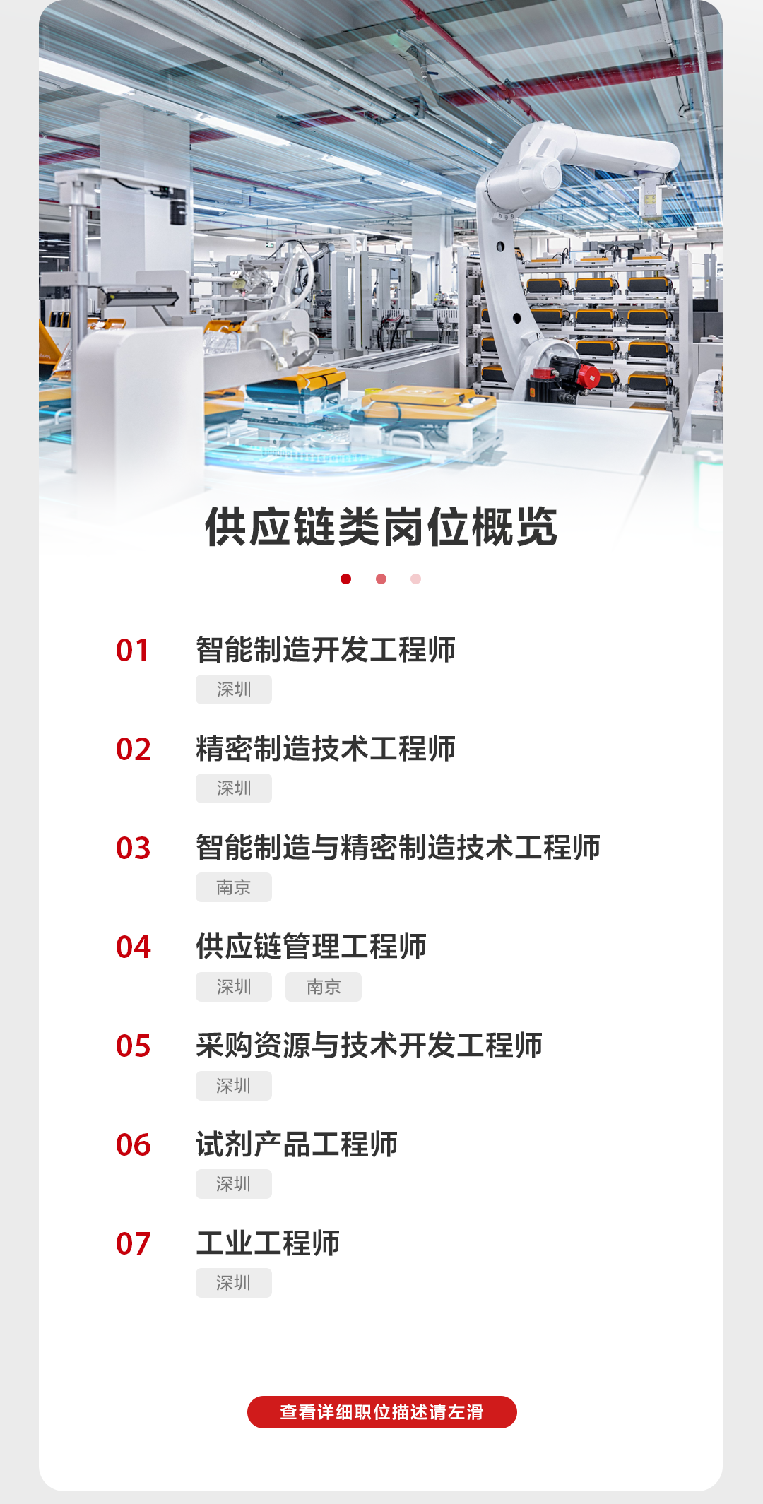 <p>供应链类岗位概览</p>
<p>01智能制造开发工程师</p>
<p>深圳</p>
<p>02精密制造技术工程师</p>
<p>深圳</p>
<p>03智能制造与精密制造技术工程师</p>
<p>南京</p>
<p>04供应链管理工程师</p>
<p>深圳 南京</p>
<p>05采购资源与技术开发工程师</p>
<p>深圳</p>
<p>06试剂产品工程师</p>
<p>深圳</p>
<p>07工业工程师</p>
<p>深圳</p>
<p>查看详细职位描述请左滑</p>
