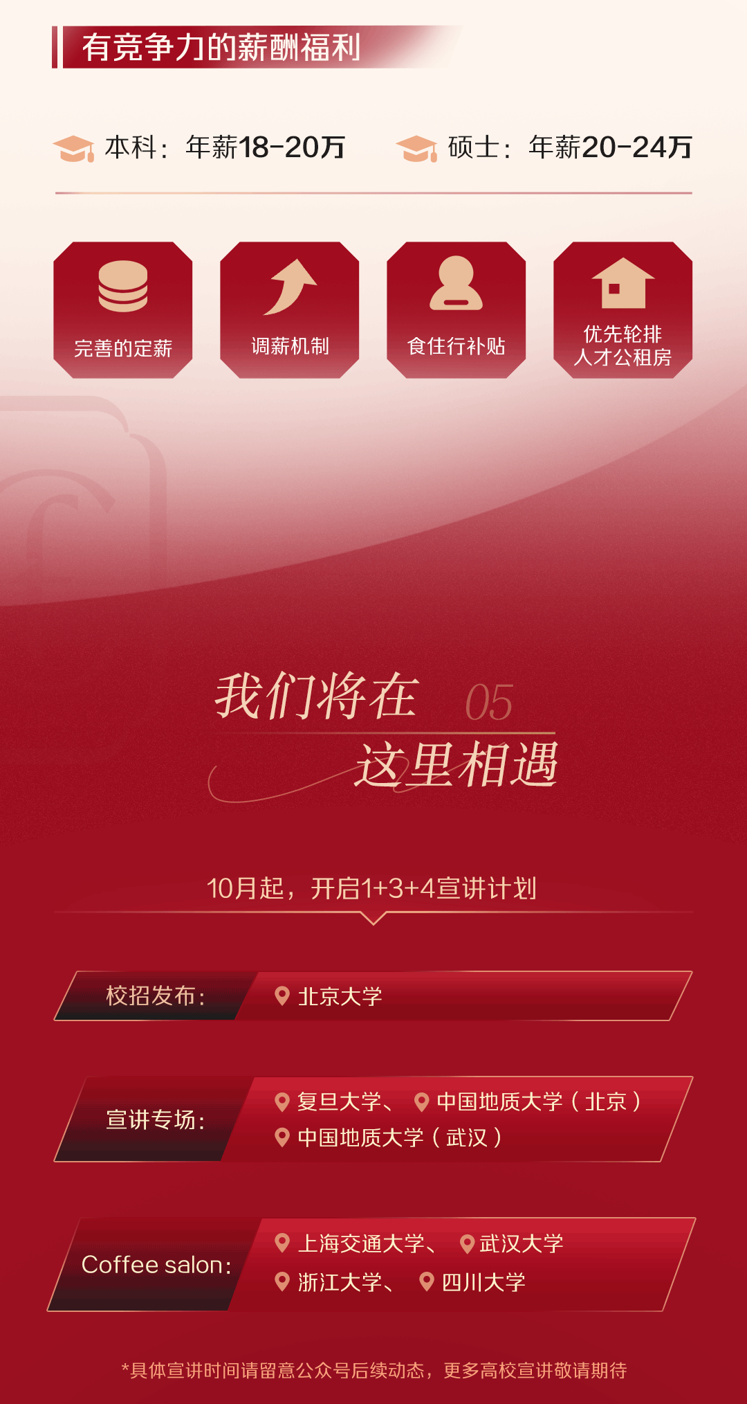 <p>有竞争力的薪酬福利</p>
<p>本科:年薪18-20万硕士:年薪20-24万</p>
<p>2合</p>
<p>29</p>
<p>完善的定薪调薪机制食住行补贴优先轮排人才公租房</p>
<p>我们将在05</p>
<p>这里相遇</p>
<p>10月起,开启1+3+4宣讲计划</p>
<p>校招发布:北京大学</p>
<p>宣讲专场:中国地质大学 (武汉 )复旦大学、 。中国地质大学 (北京)</p>
<p>上海交通大学、 。武汉大学</p>
<p>Coffee salon:浙江大学、 四川大学</p>
<p>*具体宣讲时间请留意公众号后续动态,更多高校宣讲敬请期待</p>
