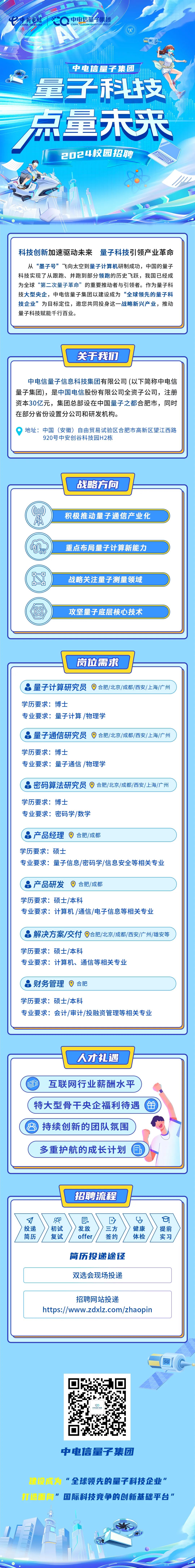 <p>Q中电信量平集团CHINA TLLECOM QUANTUMGROUP</p>
<p>CC</p>
<p>中电信量子集团</p>
<p>。 量子科技</p>
<p>点量未来</p>
<p>厂2024校园招聘</p>
<p>CO</p>
<p>中电信量子集团</p>
<p>”全球领先的量子科技企业"</p>
<p>”国际科技竞争的创新基础平台”</p>

<table>
<tr><td colspan="10">科技创新加速驱动未来 量子科技引领产业革命从“墨子号”飞向太空到量子计算机研制成功,中国的量子科技实现了从跟跑、并跑到部分领跑的历史飞跃, 我国已经成为全球“第二.次量子革命”的重要推动者与引领者。作为量子科技大型央企,中电信量子集团以建设成为“全球领先的量子科技企业”为目标定位,邀您共同投身这一-战略新兴产业,推动量子科技赋能千行百业。</td>
</tr>
<tr><td colspan="10">关于我们中电信量子信息科技集团有限公司(以下简称中电信量子集团),是中国电信股份有限公司全资子公司,注册资本30亿元,集团总部设在中国量子之都合肥市,同时在部分省份设置分公司和研发机构。)地址:中国(安徽)自由贸易试验区合肥市高新区望江西路920号中安创谷科技园H2栋</td>
</tr>
<tr><td colspan="10">战略方向Mon Mo</td>
</tr>
<tr><td>( O积(</td>
<td>极</td>
<td>推</td>
<td>动</td>
<td>量</td>
<td>子</td>
<td>通</td>
<td>信</td>
<td>产业</td>
<td>化</td>
</tr>
<tr><td colspan="10">A二</td>
</tr>
<tr><td>( 重</td>
<td>点</td>
<td>布</td>
<td>局</td>
<td>量子</td>
<td>计</td>
<td>算</td>
<td>新</td>
<td colspan="2">能 力</td>
</tr>
<tr><td colspan="10">a/六 战略关注量子测量领域一I</td>
</tr>
<tr><td>品 攻</td>
<td colspan="2">坚量</td>
<td colspan="2">子底</td>
<td colspan="5">层核心技术</td>
</tr>
<tr><td colspan="10"></td>
</tr>
<tr><td colspan="10">岗位需求( s量子计算研究员合肥/北京/成都/西安/上海/广州学历要求:博士专业要求:量子计算/物理学(。量子通信研究员 合肥/北京/成都/西安/上海广州学历要求:博士专业要求:量子通信/物理学( :密码算法研究员 合肥/北京/成都/西安/上海/广州学历要求:博士专业要求:密码学/数学(9产品经理 合肥/成都学历要求:硕士专业要求:量子信息/密码学/信息安全等相关专业品产品研发 合肥/成都学历要求:硕士/本科专业要求:计算机/通信/电子信息等相关专业( s解决方案/交付合肥/北京/成都/西安/广州/雄安等学历要求:硕士/本科专业要求:计算机、通信等相关专业(9财务管理合肥学历要求:硕士/本科专业要求:会计/审计/投融资管理等相关专业</td>
</tr>
<tr><td colspan="10">人才礼遇互联网行业薪酬水平( 特大型骨干央企福利待遇由持续创新的团队氛围多重护航的成长计划B</td>
</tr>
<tr><td colspan="10">招聘流程2 县 E Ug)投递 >初试 )发放 三方 健康 》提前简历 复试 offer/ 签约 体检 实习简历投递途径双选会现场投递招聘网站投递https://www.zdxlz.com/zhaopin</td>
</tr>
</table>
