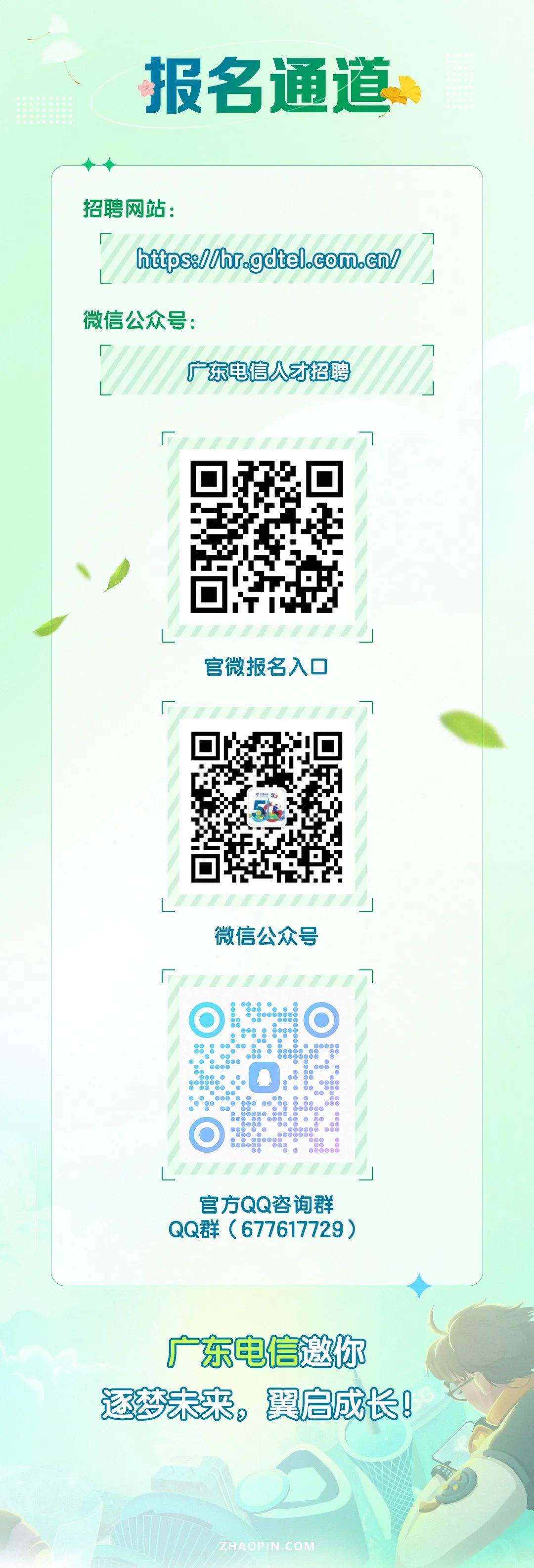 <p>报名通道</p>
<p>招聘网站</p>
<p>https://hr.gdtel.com.cn/</p>
<p>微信公众号:</p>
<p>广东电信人才招聘</p>
<p>官微报名入口</p>
<p>微信公众号</p>
<p>官方QQ咨询群<br/>QQ群(677617729)</p>
<p>广东电信邀你<br/>逐梦未来，翼启成长!</p>
<p>7HAODIN CON</p>
