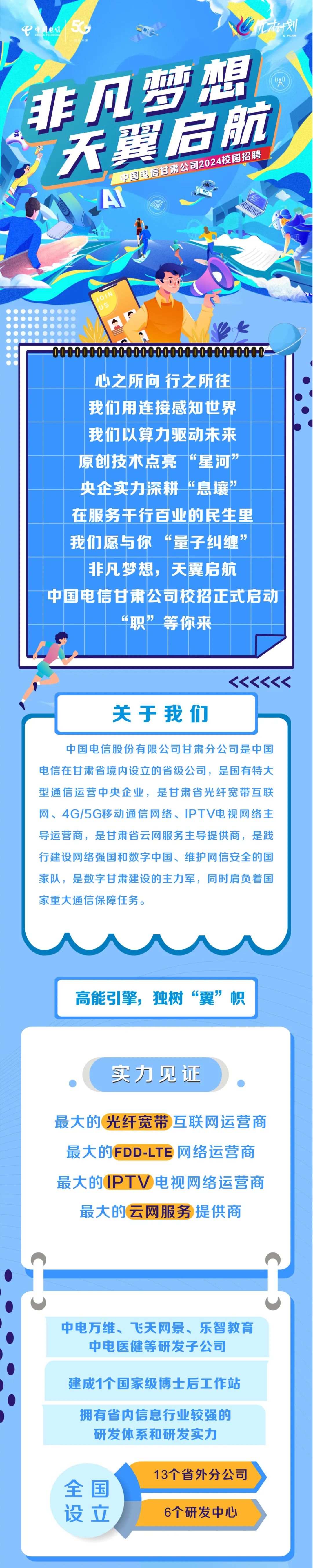 <p>C</p>
<p>凡梦想</p>
<p>餐合航</p>
<p>中国信甘肃公B2024校园招聘</p>
<p>A</p>
<p>0000000000001000000000000001C </p>
<p>心之所向行之所往</p>
<p>我们用连接感知世界</p>
<p>我们以算力驱动未来</p>
<p>原创技术点亮“星河”</p>
<p>央企实力深耕“息壤”</p>
<p>在服务干行百业的民生里</p>
<p>我们愿与你“量子纠缠”</p>
<p>非凡梦想,天翼启航</p>
<p>中国电信甘肃公司校招正式启动</p>
<p>“职”等你来</p>
<p>拥有省内信息行业较强的</p>
<p>研发体系和研发实力</p>
<p>13个省外分公司</p>
<p>全国</p>
<p>设立6个研发中心</p>

<table>
<tr><td>关于我们</td>
</tr>
<tr><td>中国电信股份有限公司甘肃分公司是中国电信在甘肃省境内设立的省级公司,是国有特大型通信运营中央企业,是甘肃省光纤宽带互联网、4G/5G移动通信网络、IPTV电视网络主导运营商,是甘肃省云网服务主导提供商,是践行建设网络强国和数字中国、维护网信安全的国家队,是数字甘肃建设的主力军,同时肩负着国家重大通信保障任务。</td>
</tr>
<tr><td>高能引擎,独树“翼”帜</td>
</tr>
<tr><td>实力见证最大的(光纤宽带互联网运营商最大的FDD-LTE网络运营商最大的IPTV电视网络运营商最大的云网服务提供商中电万维、飞天网景、乐智教育中电医健等研发子公司</td>
</tr>
<tr><td>建成1个国家级博士后工作站</td>
</tr>
</table>
