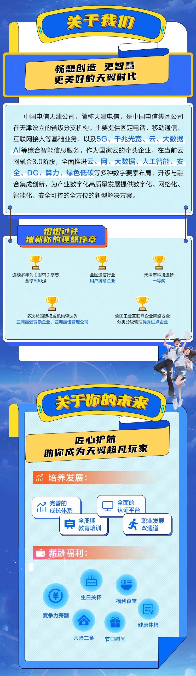 <p>C关于我们</p>
<p>畅想创造更智慧</p>
<p>更美好的天翼时代</p>
<p>中国电信天津公司,简称天津电信,是中国电信集团公司</p>
<p>在天津设立的省级分支机构。主要提供固定电话、移动通信、</p>
<p>互联网接入等基础业务,以及5G、干兆光宽、云、大数据</p>
<p>Al等综合智能信息服务,作为国家云的牵头企业,在当前云</p>
<p>网融合3.0阶段,全面推进云、网、大数据、人工智能、安</p>
<p>全、DC、算力、绿色低碳等多种数字要素布局、升级与融</p>
<p>合集成创新,为产业数字化高质量发展提供数字化、网络化、</p>
<p>智能化、安全可控的全方位的新型解决方案。</p>
<p>左薪酬福利:</p>
<p>世(=</p>
<p>手生日关怀福利食堂</p>
<p>(昆</p>
<p>竞争力薪酬</p>
<p>全</p>
<p>健康体检</p>
<p>六险二金节日慰问</p>

<table>
<tr><td colspan="2"></td>
</tr>
<tr><td colspan="2">熠熠过往铺就你的理想序章O O O连续多年列《财辅》杂志 全国通信行业 天津市科技进步全球500强 用户满意企业 一等奖O P多次被国际权威机构评选为 全国工业互联网企业网络安全亚洲最受尊崇企业、亚洲最佳管理公司 分类分级管理优秀试点企业</td>
</tr>
<tr><td colspan="2"></td>
</tr>
<tr><td colspan="2">.关于你的未来</td>
</tr>
<tr><td colspan="2">匠心护航助你成为天翼超凡玩家</td>
</tr>
<tr><td colspan="2">介培养发展:山成长体系 ☐ 全面的M 完善的认证平台</td>
</tr>
<tr><td>身 全周期教育培训</td>
<td>穴 , 职业发展双通道</td>
</tr>
</table>
