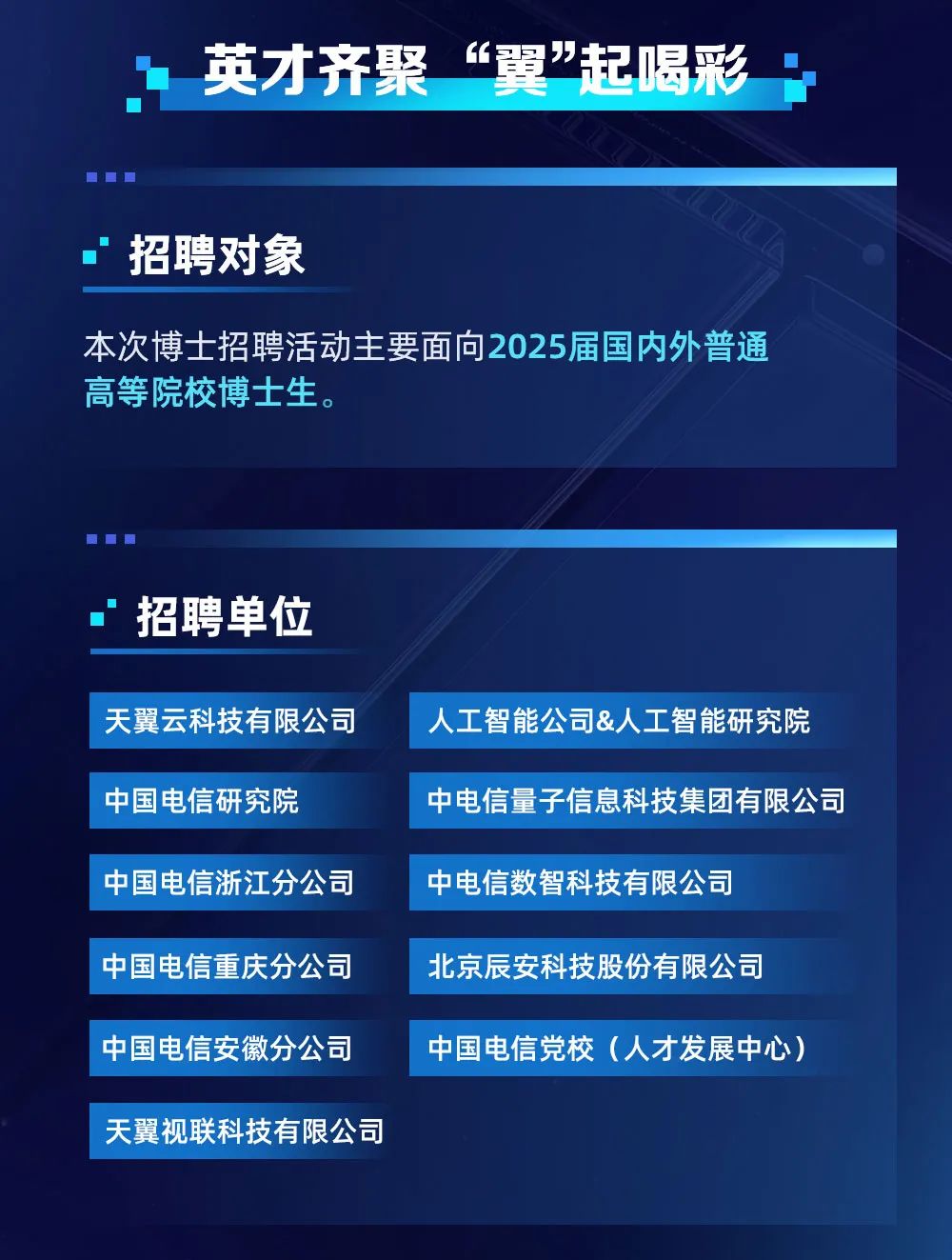 <p>英才齐聚&ldquo;翼&rdquo;起喝彩</p>
<p>招聘对象</p>
<p>本次博士招聘活动主要面向2025届国内外普通<br/>高等院校博士生。</p>
<p>招聘单位</p>
<p>天翼云科技有限公司<br/>中国电信研究院</p>
<p>中国电信浙江分公司<br/>中国电信重庆分公司<br/>中国电信安徽分公司<br/>天翼视联科技有限公司</p>
<p>人工智能公司&人工智能研究院<br/>中电信量子信息科技集团有限公司<br/>中电信数智科技有限公司</p>
<p>北京辰安科技股份有限公司<br/>中国电信党校(人才发展中心)</p>
