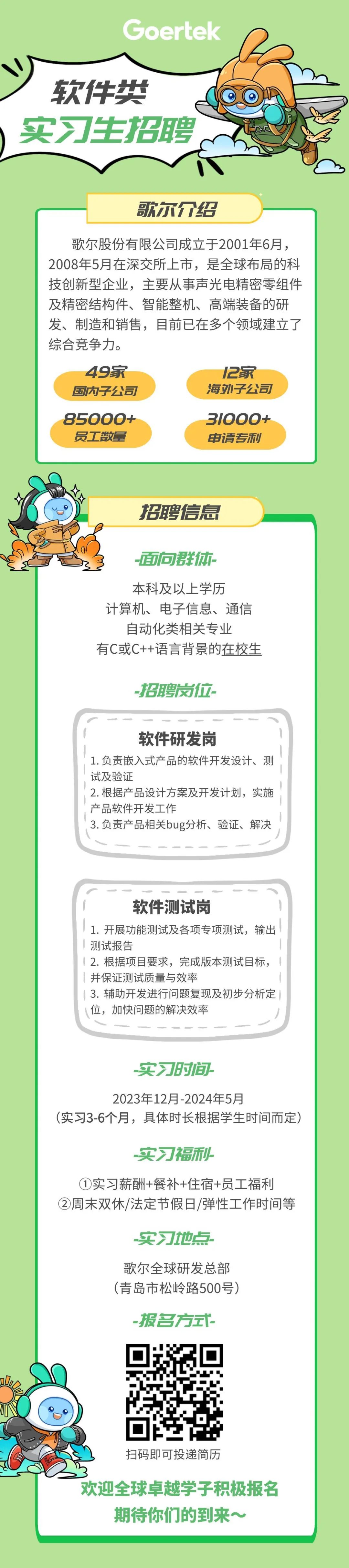 <p>Goertek<br/>软件类</p>
<p>)实习生招聘</p>
<p>歌尔介绍</p>
<p>歌尔股份有限公司成立于2001年6月，<br/>2008年5月在深交所上市，是全球布局的科<br/>技创新型企业，主要从事声光电精密零组件<br/>及精密结构件、智能整机、高端装备的研<br/>发、制造和销售，目前已在多个领域建立了<br/>综合竞争力。</p>
<p>49家</p>
<p>12家</p>
<p>国内子公司</p>
<p>海外子公司</p>
<p>85000+</p>
<p>3I000+</p>
<p>员工数量</p>
<p>申请专利</p>
<p>招聘信息</p>
<p>面向群体<br/>本科及以上学历</p>
<p>计算机、电子信息、通信</p>
<p>自动化类相关专业</p>
<p>有C或C++语言背景的在校生</p>
<p>-招聘岗位</p>
<p>软件研发岗</p>
<p>1.负责嵌入式产品的软件开发设计、测<br/>试及验证</p>
<p>2.根据产品设计方案及开发计划，实施<br/>产品软件开发工作</p>
<p>3.负责产品相关bug分析、验证、解决</p>
<p>软件测试岗</p>
<p>1.开展功能测试及各项专项测试，输出<br/>测试报告</p>
<p>2.根据项目要求，完成版本测试目标，<br/>并保证测试质量与效率</p>
<p>3.辅助开发进行问题复现及初步分析定<br/>位，加快问题的解决效率</p>
<p>-实习时间</p>
<p>2023年12月-2024年5月</p>
<p>(实习3-6个月，具体时长根据学生时间而定)</p>
<p>_实习福利</p>
<p>①实习薪酬+餐补+住宿+员工福利<br/>②周末双休/法定节假日/弹性工作时间等</p>
<p>_实习地点.<br/>歌尔全球研发总部<br/>(青岛市松岭路500号)</p>
<p>报名方式</p>
<p>扫码即可投递简历</p>
<p>欢迎全球卓越学子积极报名<br/>期待你们的到来~</p>

