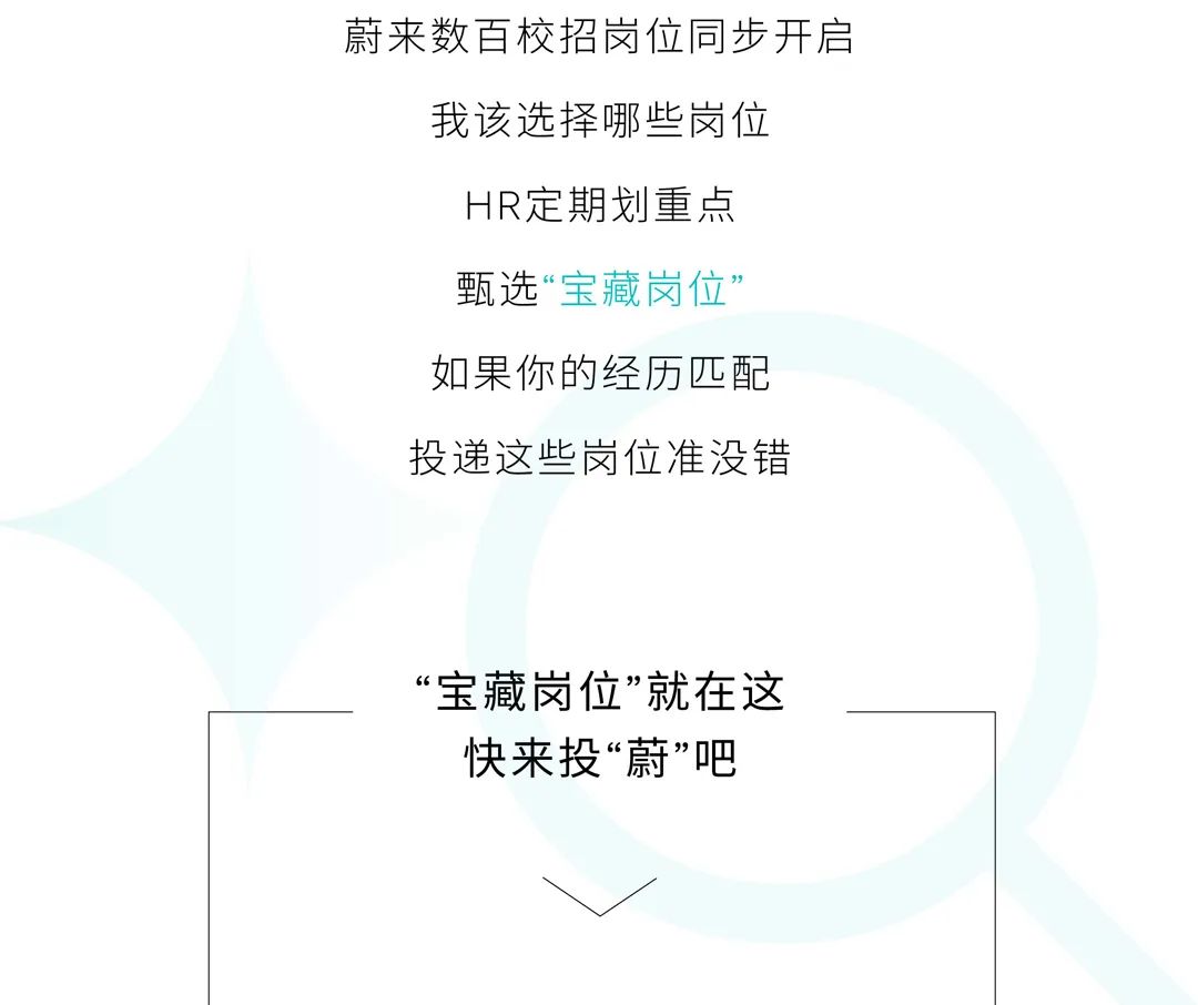 <p>蔚来数百校招岗位同步开启<br/>我该选择哪些岗位</p>
<p>HR定期划重点<br/>甄选&ldquo;宝藏岗位&rdquo;<br/>如果你的经历匹配<br/>投递这些岗位准没错</p>
<p>&ldquo;宝藏岗位&rdquo;就在这<br/>快来投&ldquo;蔚&rdquo;吧</p>
