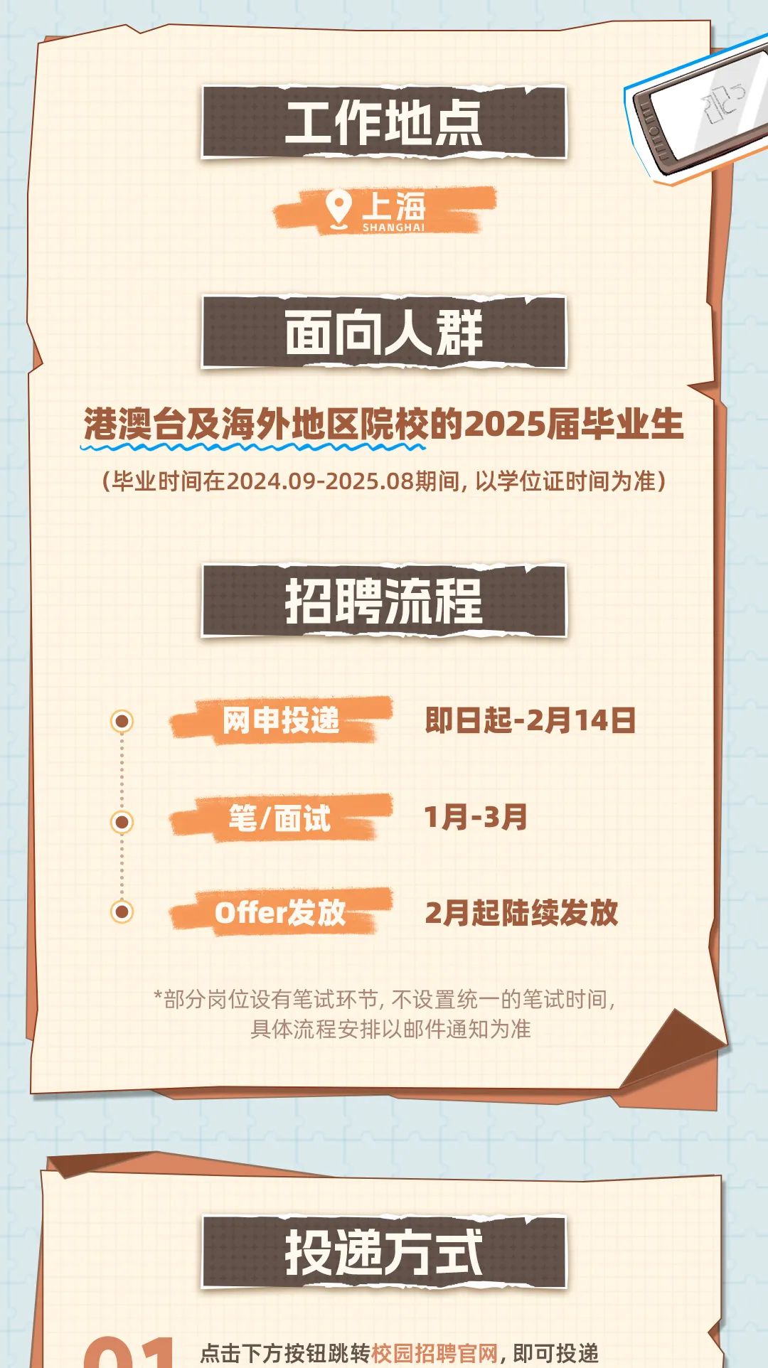 <p>工作地点</p>
<p>上海</p>
<p>SHANGHAI</p>
<p>面向人群</p>
<p>港澳台及海外地区院校的2025届毕业生</p>
<p>(毕业时间在2024.09-2025.08期间,以学位证时间为准)</p>
<p>招聘流程</p>
<p>网申投递一即日起-2月14日</p>
<p>笔/面试1月-3月</p>
<p>Offer发放2月起陆续发放</p>
<p>*部分岗位设有笔试环节,不设置统一的笔试时间,</p>
<p>具体流程安排以邮件通知为准</p>
<p>投递方式</p>
<p>点击下方按钮跳转校园招聘官网,即可投递</p>
