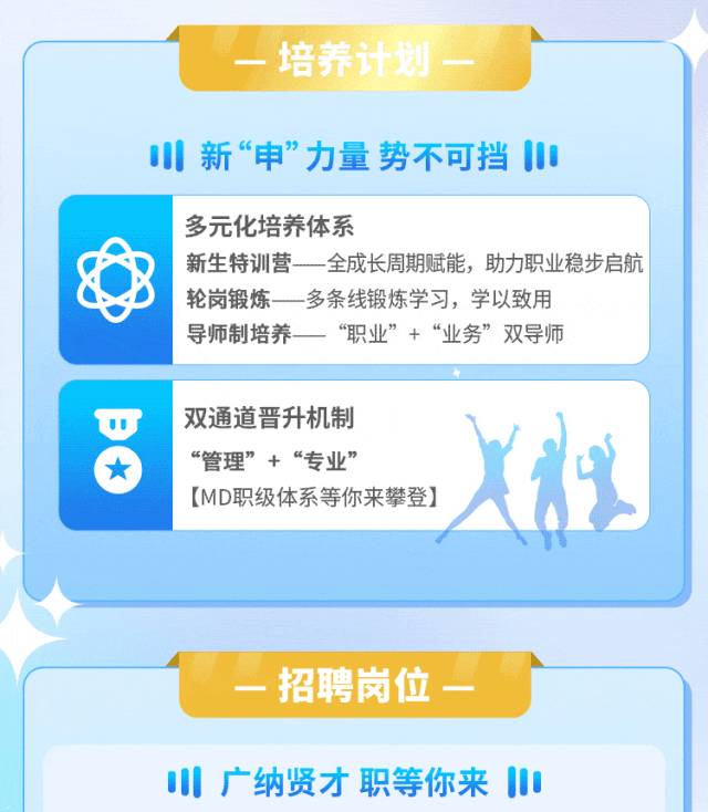 <p>一培养计划</p>
<p>新“申”力量势不可挡</p>
<p>多元化培养体系</p>
<p>新生特训营<br/>一全成长周期赋能，助力职业稳步启航<br/>轮岗锻炼一多条线锻炼学习，学以致用</p>
<p>导师制培养<br/>“职业”+“业务”双导师</p>
<p>双通道晋升机制<br/>“管理”+“专业”</p>
<p>[MD职级体系等你来攀登]</p>
<p>招聘岗位</p>
<p>广纳贤才职等你来</p>
