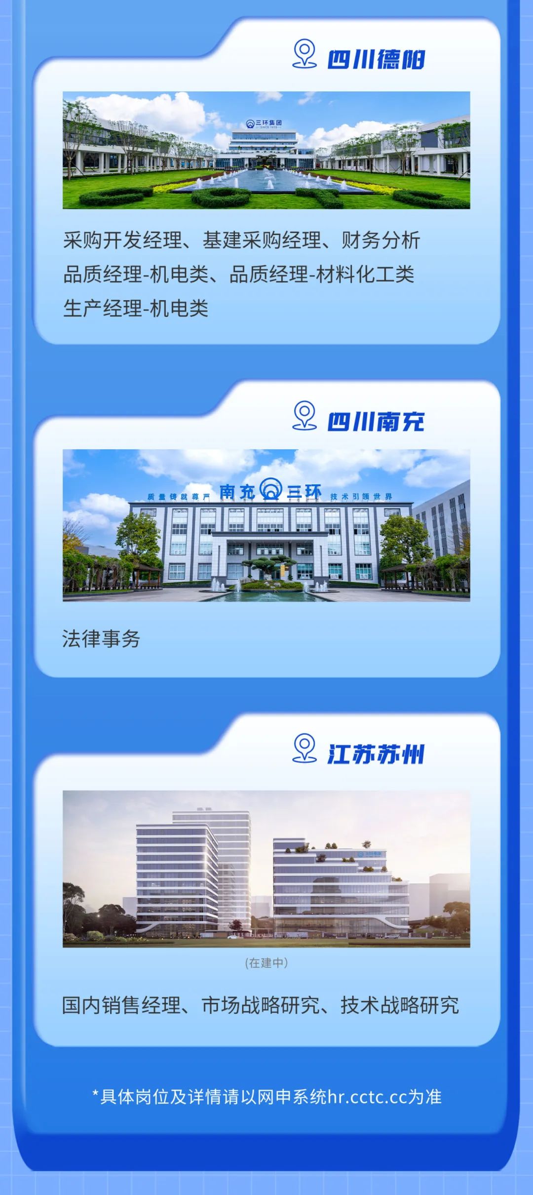 <p>四川德阳</p>
<p>采购开发经理、基建采购经理、财务分析<br/>品质经理-机电类、品质经理-材料化工类<br/>生产经理-机电类</p>
<p>四川南充</p>
<p>南充⑥三环<br/>技术引领世界</p>
<p>法律事务</p>
<p> <br/>江苏苏州</p>
<p>在建0</p>
<p>国内销售经理、市场战略研究、技术战略研究</p>
<p>*具体岗位及详情请以网申系统hr.cctc.cc为准</p>
