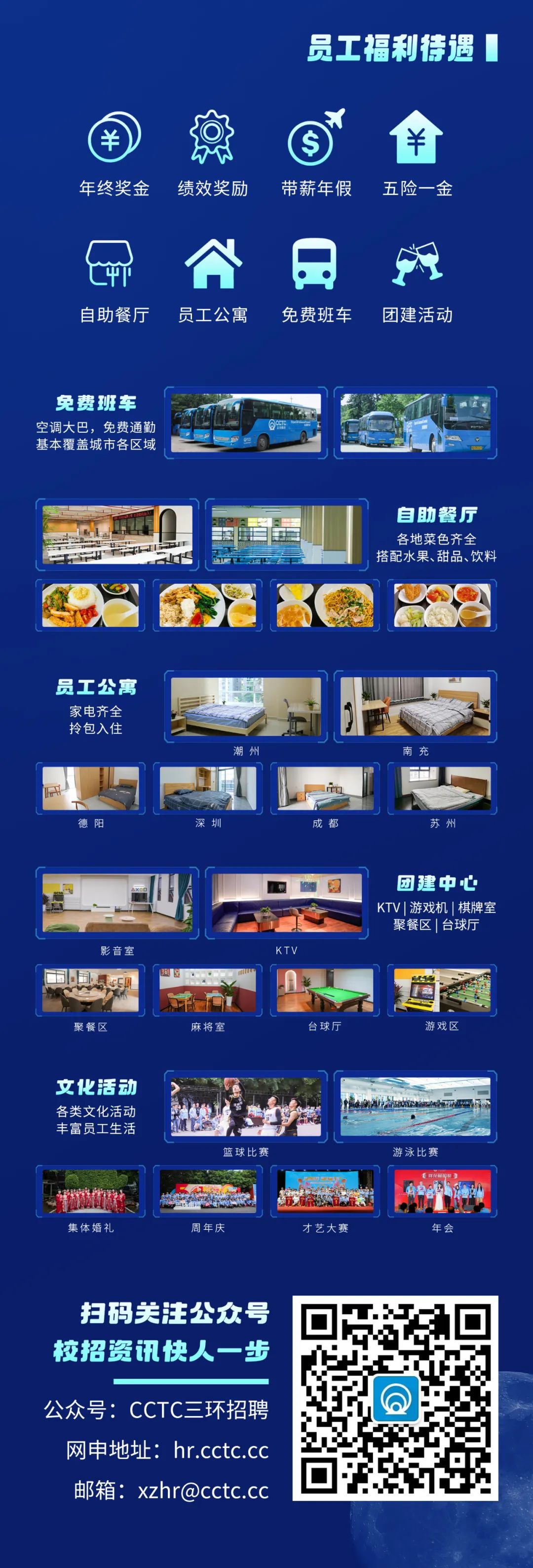 <p>员工福利待遇</p>
<p>Y</p>
<p>年终奖金</p>
<p>绩效奖励</p>
<p>带薪年假</p>
<p>五险一金</p>
<p> </p>
<p>自助餐厅</p>
<p>员工公寓</p>
<p>免费班车</p>
<p>团建活动</p>
<p>免费班车<br/>空调大巴，免费通勤<br/>基本覆盖城市各区域</p>
<p>自助餐厅<br/>各地菜色齐全<br/>搭配水果、甜品、饮料</p>
<p>员工公寓</p>
<p>家电齐全<br/>拎包入住</p>
<p>德阳</p>
<p>团建中心<br/>KTV|游戏机|棋牌室<br/>聚餐区|台球厅</p>
<p>聚餐区</p>
<p>麻将室</p>
<p>台球厅</p>
<p>游戏区</p>
<p>文化活动<br/>各类文化活动<br/>丰富员工生活</p>
<p>篮球比赛</p>
<p>游泳比</p>
<p>集体婚礼</p>
<p>周年庆</p>
<p>艺大</p>
<p>扫码关注公众号<br/>校招资讯快人一步</p>
<p>公众号:CCTC三环招聘<br/>网申地址:hr.cctc.cc<br/>邮箱:xzhr@cctc.cc</p>
