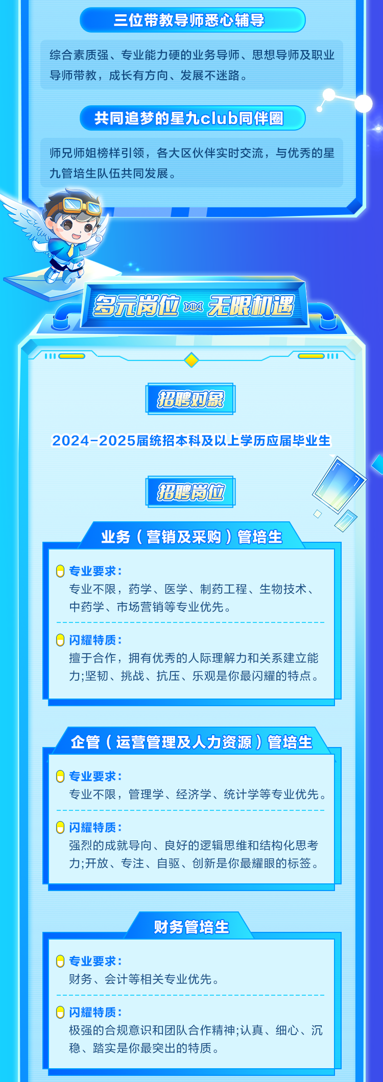 <p>三位带教导师悉心辅导</p>
<p>综合素质强、专业能力硬的业务导师、思想导师及职业</p>
<p>导师带教,成长有方向、发展不迷路。</p>
<p>共同追梦的星九club同伴圈</p>
<p>师兄师姐榜样引领,各大区伙伴实时交流,与优秀的星</p>
<p>九管培生队伍共同发展。</p>
<p>岛元岗位 网无限机遇</p>

<table>
<tr><td></td>
<td>招聘对扇 </td>
<td></td>
</tr>
<tr><td colspan="3">2024-2025届统招本科及以上学历应届毕业生招聘岗位<业务(营销及采购)管培生</td>
</tr>
<tr><td colspan="3"> 0专业要求:专业不限,药学、医学、制药工程、生物技术、中药学、市场营销等专业优先。</td>
</tr>
<tr><td colspan="3">0闪耀特质:擅于合作,拥有优秀的人际理解力和关系建立能力;坚韧、挑战、抗压、乐观是你最闪耀的特点。</td>
</tr>
<tr><td colspan="3">企管 (运营管理及人力资源)管培生</td>
</tr>
<tr><td colspan="3">0专业要求:专业不限,管理学、经济学、统计学等专业优先。</td>
</tr>
<tr><td colspan="3">0闪耀特质:强烈的成就导向、良好的逻辑思维和结构化思考力;开放、专注、自驱、创新是你最耀眼的标签。</td>
</tr>
<tr><td colspan="3">财务管培生</td>
</tr>
<tr><td colspan="3"> 0专业要求:财务、会计等相关专业优先。</td>
</tr>
<tr><td colspan="3"> 0闪耀特质:极强的合规意识和团队合作精神;认真、细心、沉稳、踏实是你最突出的特质。</td>
</tr>
</table>
