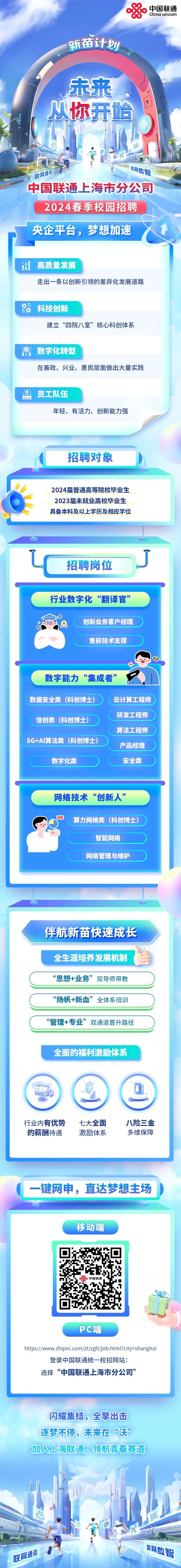 <p>E</p>
<p>新苗计划</p>
<p> </p>
<p>未来</p>
<p>从你开始</p>
<p>网通信网数智</p>
<p>中国联通上海市分公司</p>
<p>2024春季校园招聘</p>
<p>央企平台, 梦想加速</p>
<p>社高质量发展</p>
<p>走出一条以创新弓|领的差异化发展道路</p>
<p>闪耀集结,全擎出击</p>
<p>逐梦不停,未来在“沃”</p>
<p>加入上海联通,领航青春赛道</p>
<p>品</p>
<p>联通信</p>

<table>
<tr><td>站科技创新</td>
<td colspan="3"></td>
</tr>
<tr><td colspan="4">建立“四院八室”核心科创体系数字化转型在善政、兴业、惠民层面做出大量实践盛员工队伍年轻、有活力、创新能力强( 招聘对象 )2024届普通高等院校毕业生C12023届未就业高校毕业生具备本科及以上学历及相应学位</td>
</tr>
<tr><td colspan="3"></td>
<td></td>
</tr>
<tr><td colspan="4">一IC 招聘岗位行业数字化“翻译官” FoO 创新业务客户经理售前技术支撑 ).)数字能力“集成者” V数据安全类(科创博士) ) 云计算工程师研发工程师信创类(科创博士)算法工程师 )5G+AI算法类(科创博士) ) 产品经理 )数字化类 安全类 )网络技术“创新人”算力网络类(科创博士)智能网络 )网络管理与维护</td>
</tr>
<tr><td colspan="3">一</td>
<td></td>
</tr>
<tr><td colspan="4">伴航新苗快速成长全生涯培养发展机制“思想+业务”双导师带教“扬帆+新血”全体系培训“管理+专业”双通道晋升路径</td>
</tr>
<tr><td>全面的</td>
<td>福利激励体</td>
<td colspan="2">系</td>
</tr>
<tr><td colspan="4">行业内有优势 七大全面 八险三金的薪酬待遇 激励体系 多维保障</td>
</tr>
<tr><td colspan="4">-键网申,直达梦想主场移动端中国联通.1PC端https://www.zhipin.com/zt/zglt/job.html?city=shanghai登录中国联通统一校招网站:选择“中国联通上海市分公司”</td>
</tr>
</table>
