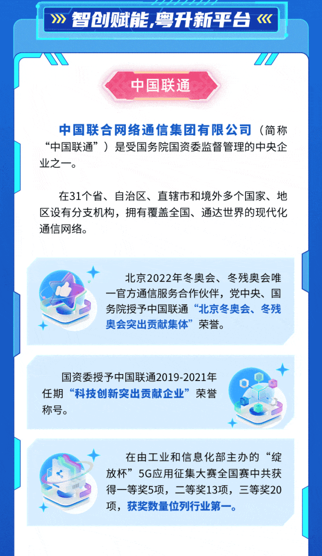
<table>
<tr><td>>>智创赋能,粤升新平台(《</td>
</tr>
<tr><td>UU中国联通中国联合网络通信集团有限公司(简称“中国联通”)是受国务院国资委监督管理的中央企业之一。在31个省、自治区、直辖市和境外多个国家、地区设有分支机构,拥有覆盖全国、通达世界的现代化通信网络。</td>
</tr>
<tr><td>+ 北京2022年冬奥会、冬残奥会唯一官方通信服务合作伙伴,党中央、国务院授予中国联通“北京冬奥会、冬残十 奥会突出贡献集体”荣誉。</td>
</tr>
<tr><td></td>
</tr>
<tr><td>国资委授予中国联通2019-2021年中任期“科技创新突出贡献企业”荣誉 .称号。 C+v</td>
</tr>
<tr><td>+ 在由工业和信息化部主办的“绽< 放杯”5G应用征集大赛全国赛中共获2 得一等奖5项,二等奖13项,三等奖20十 项,获奖数量位列行业第-。</td>
</tr>
<tr><td></td>
</tr>
</table>
